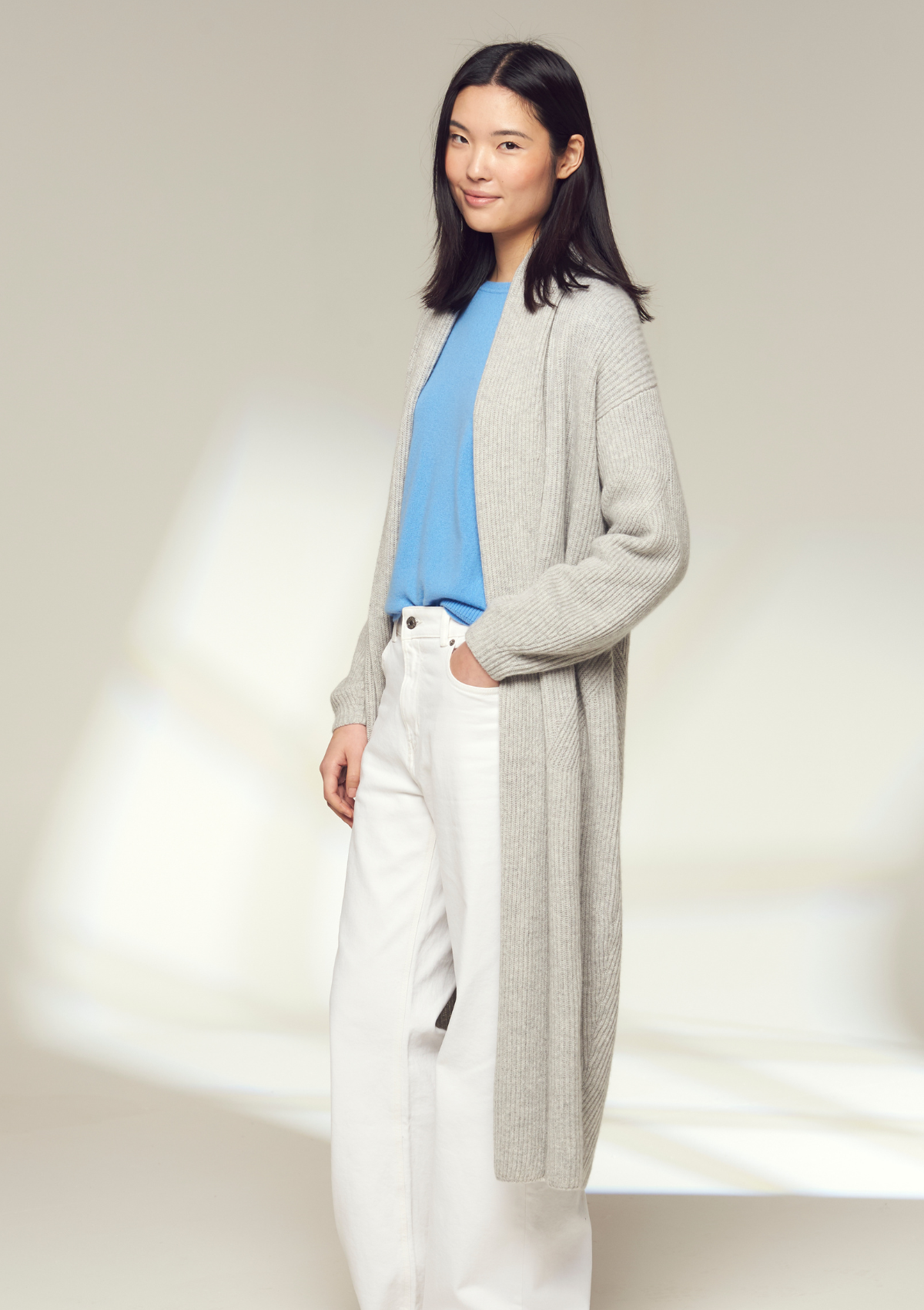 Ribbed Cashmere Coatigan in Foggy Grey