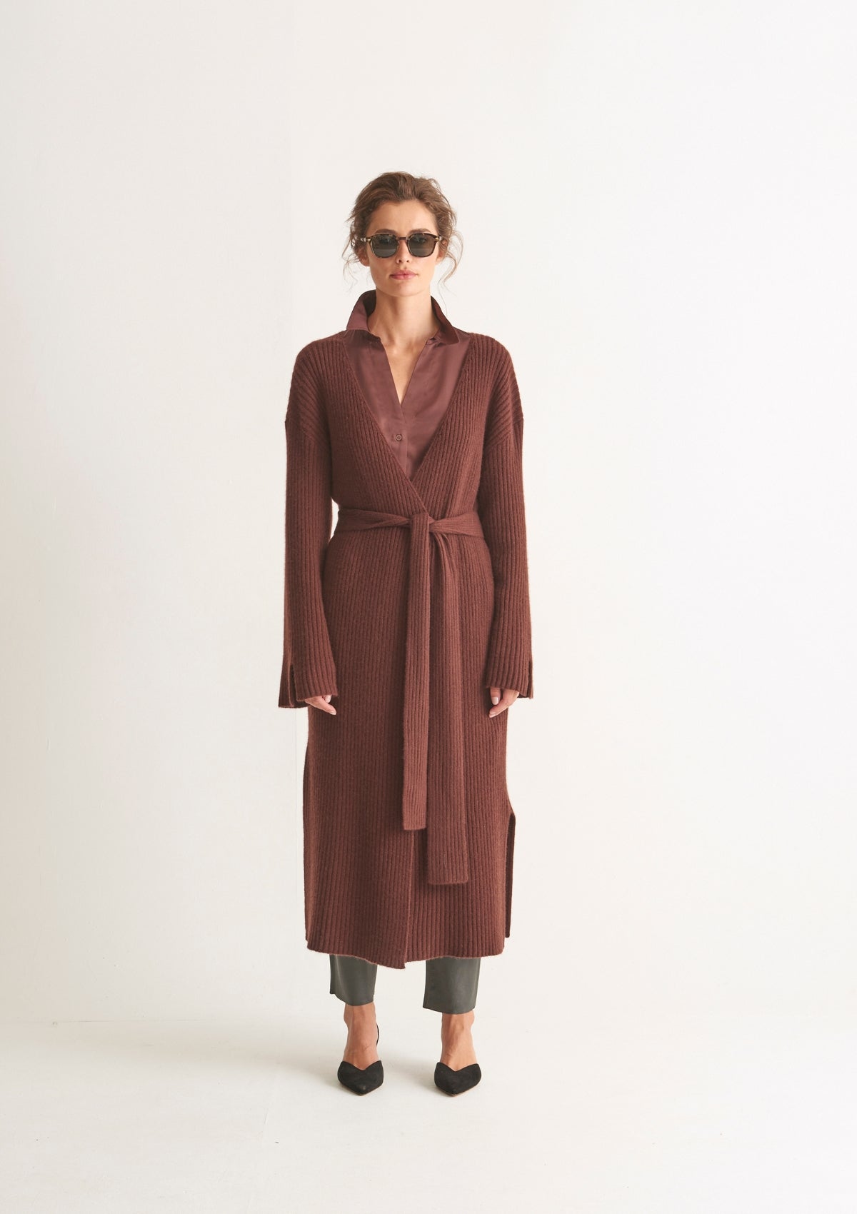 Longline Cashmere Belted Cardigan in Java Brown