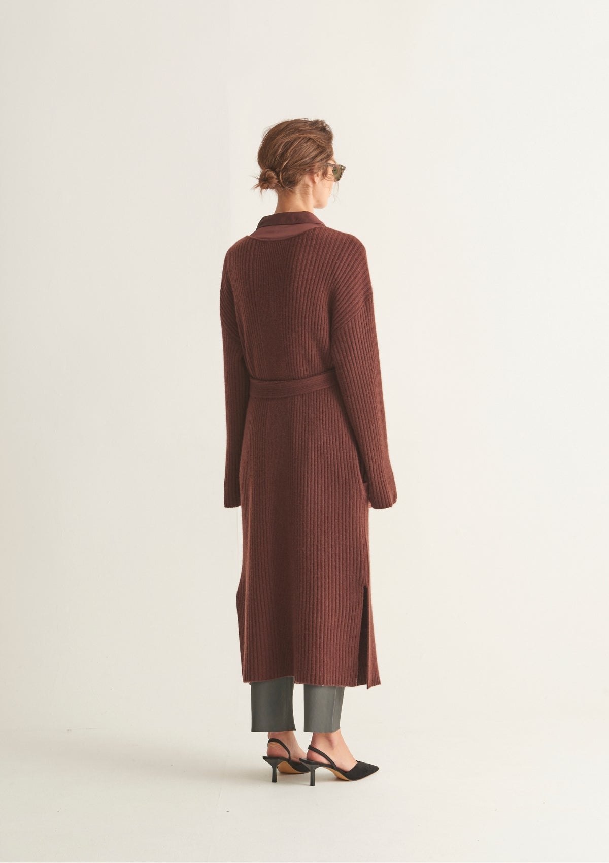 Longline Cashmere Belted Cardigan in Java Brown