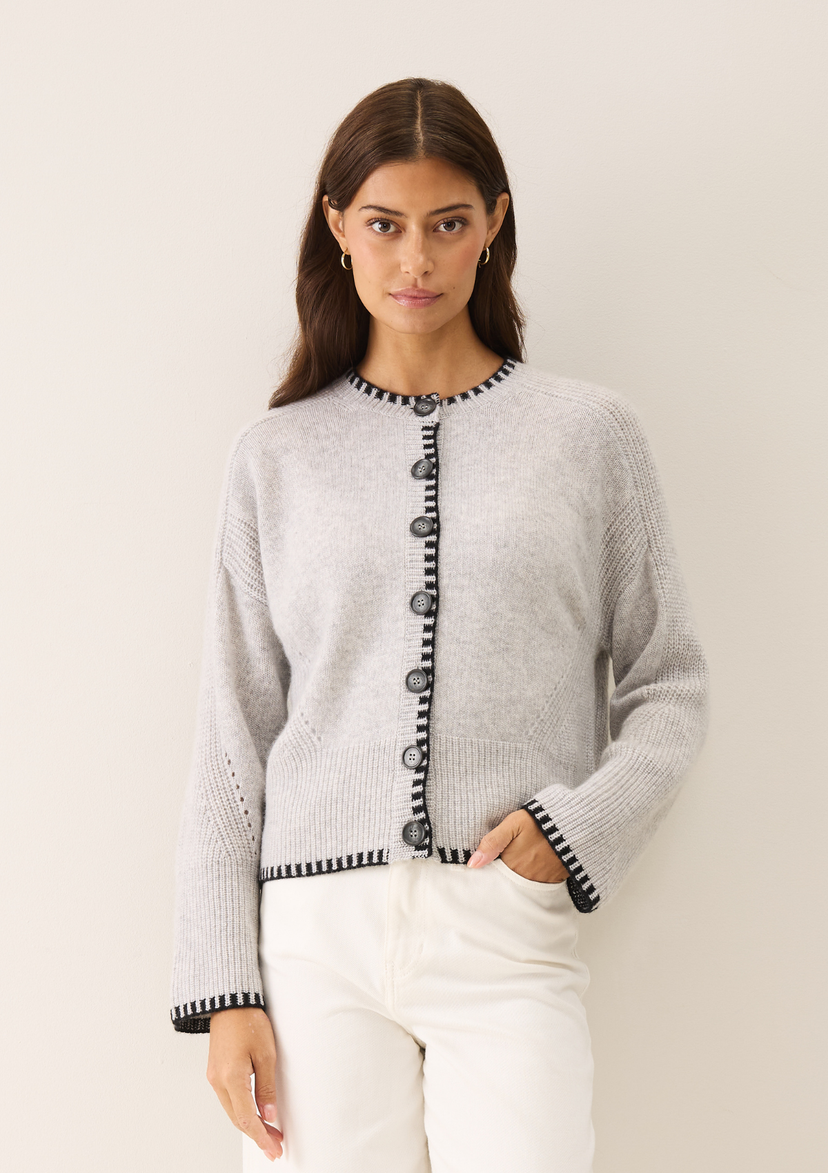 Cashmere Blanket Stitch Cardigan in Mist Grey