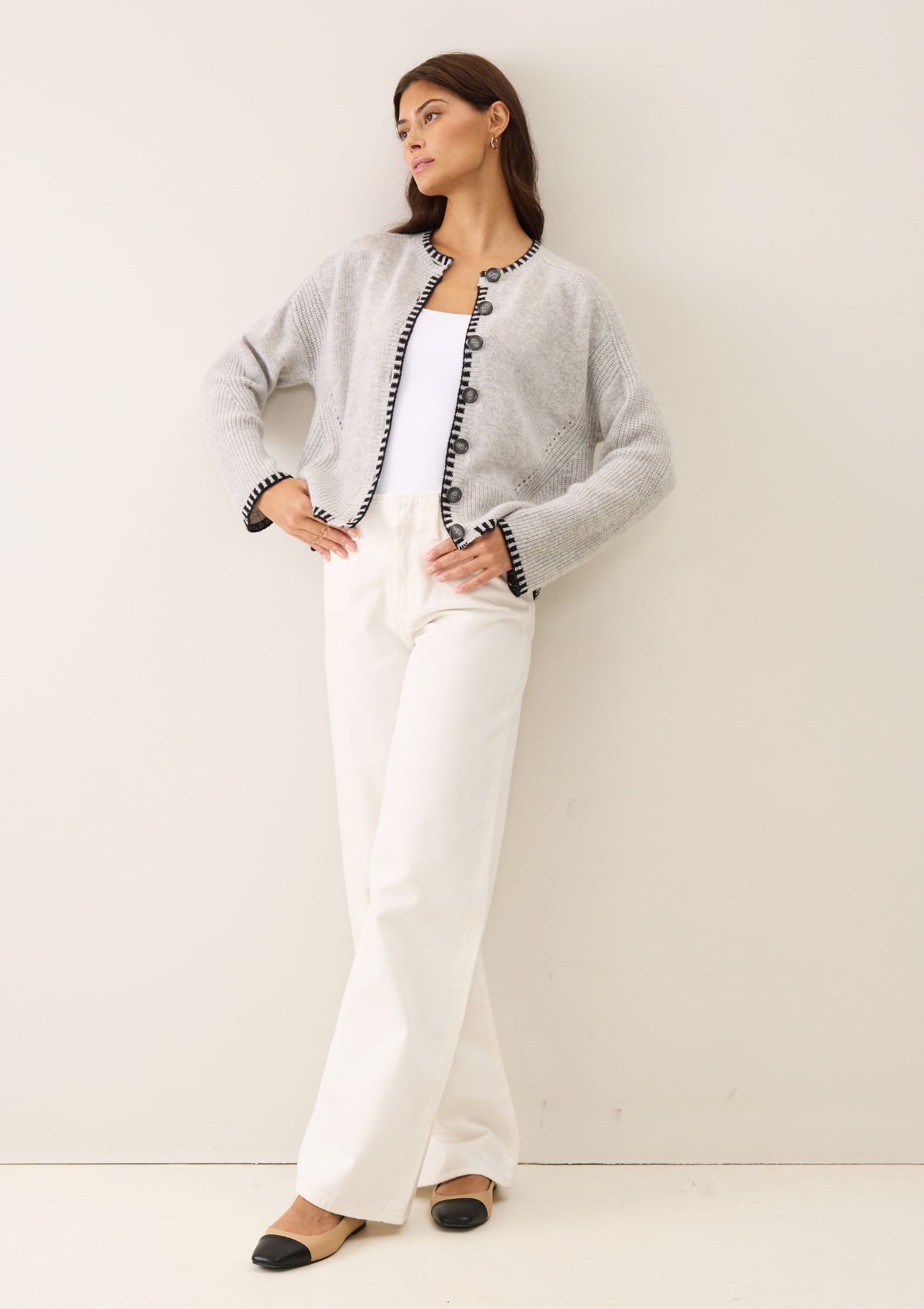 Cashmere Blanket Stitch Cardigan in Mist Grey