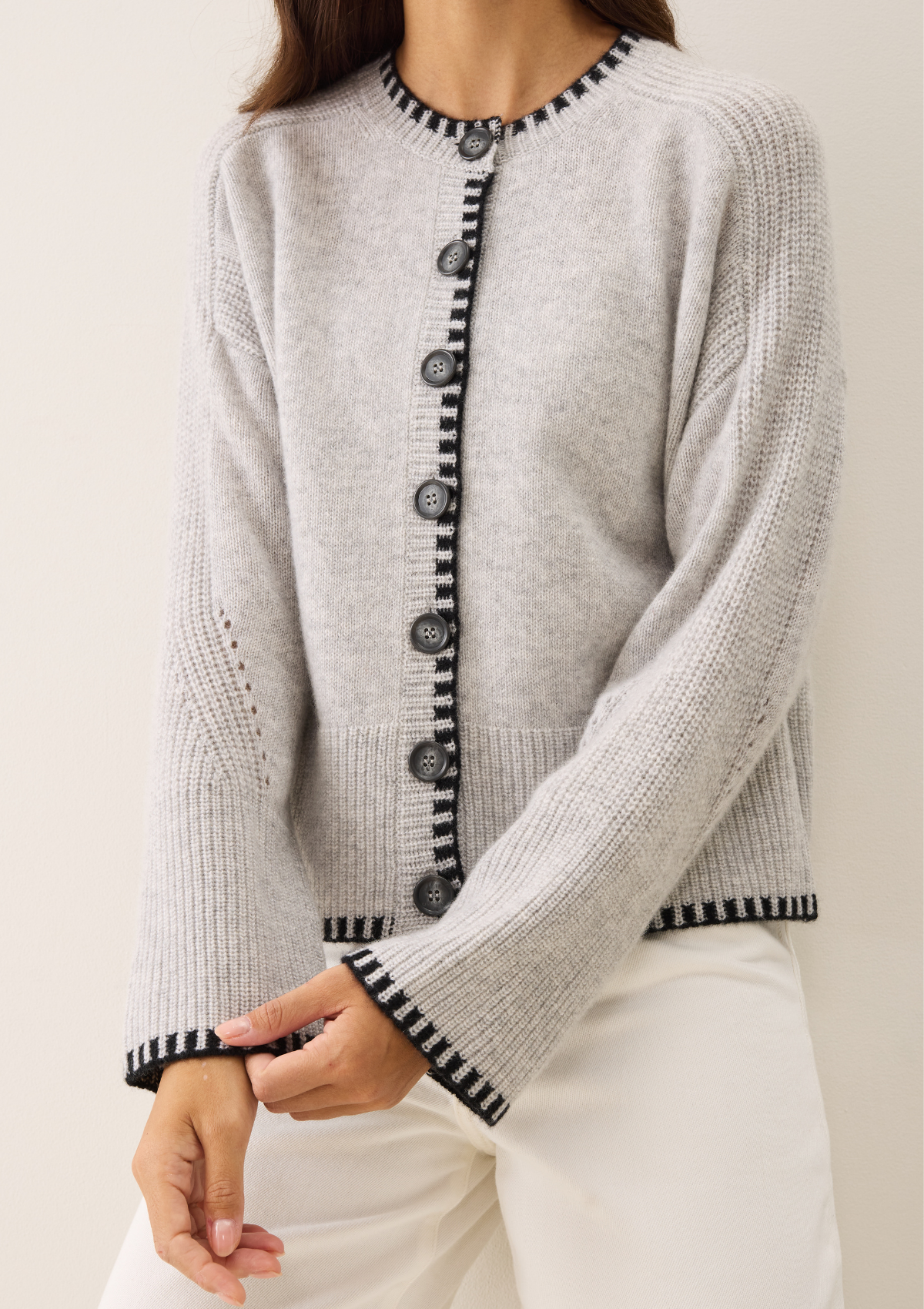 Cashmere Blanket Stitch Cardigan in Mist Grey