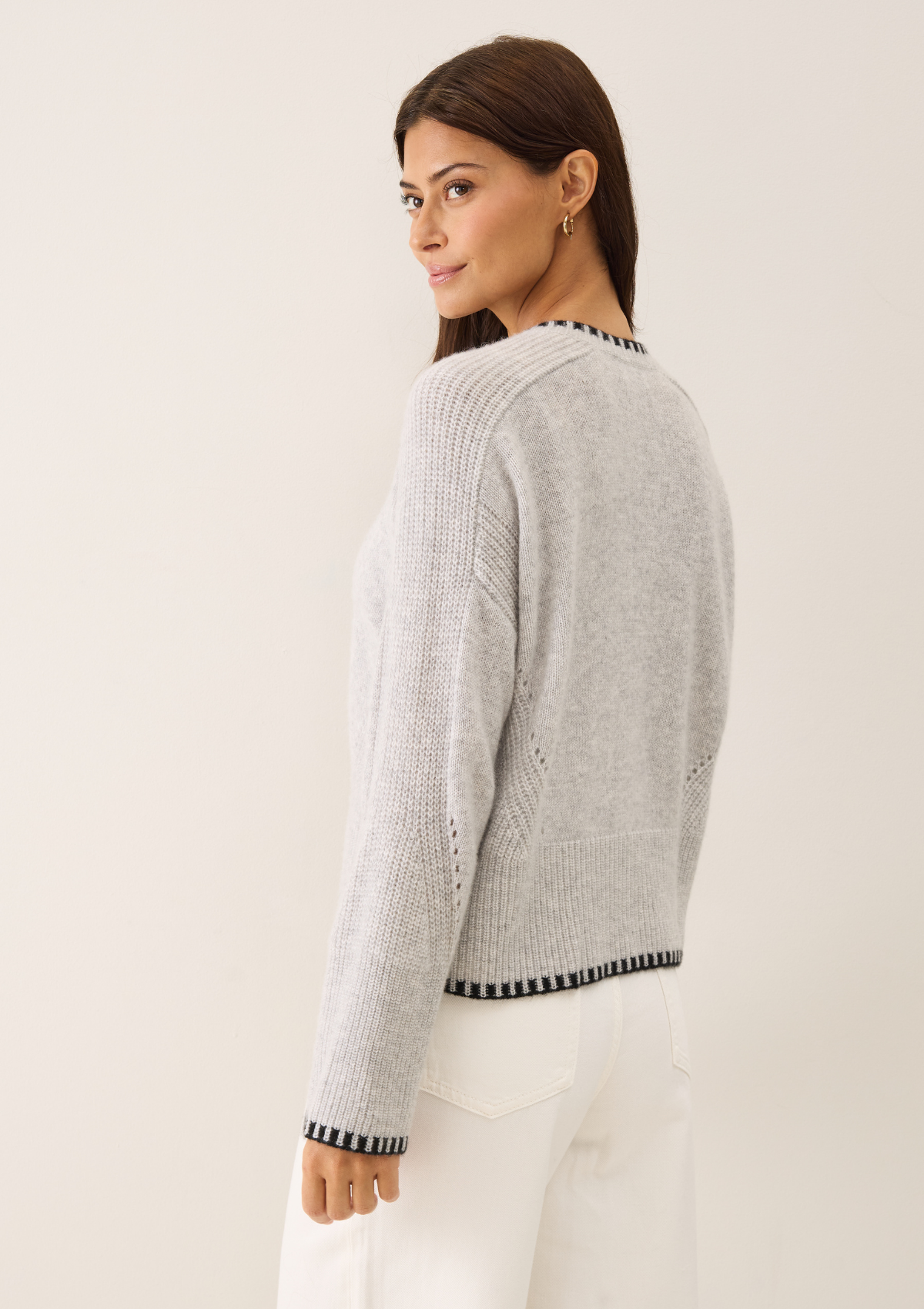 Cashmere Blanket Stitch Cardigan in Mist Grey