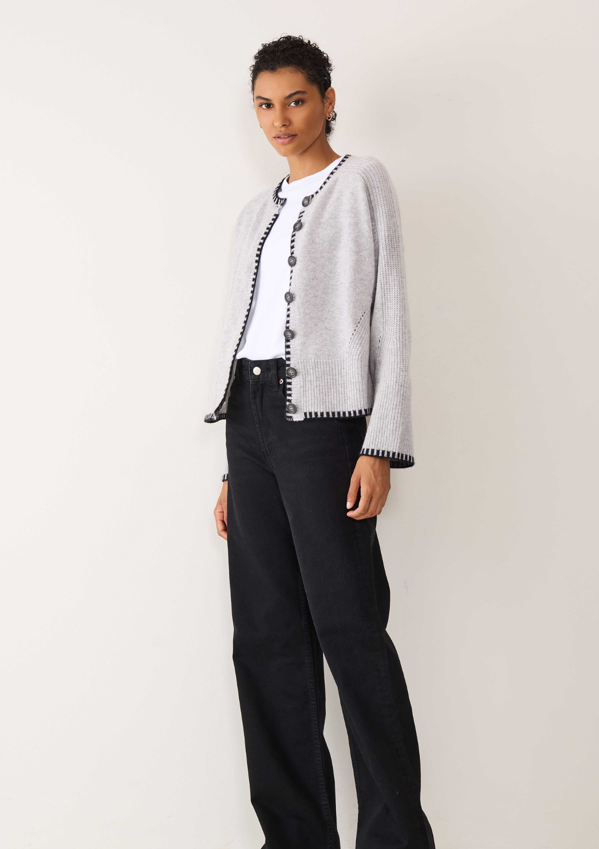 Cashmere Blanket Stitch Cardigan in Mist Grey