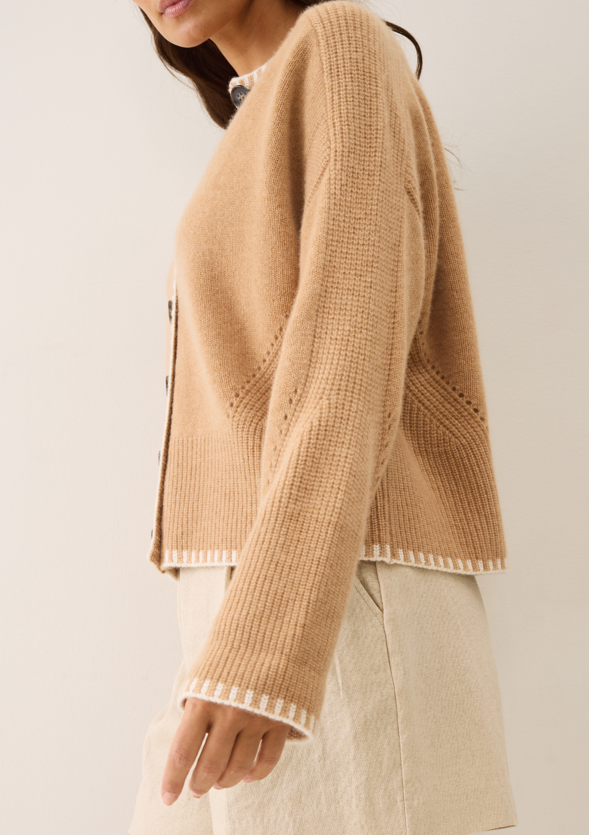 Cashmere Blanket Stitch Cardigan in Praline
