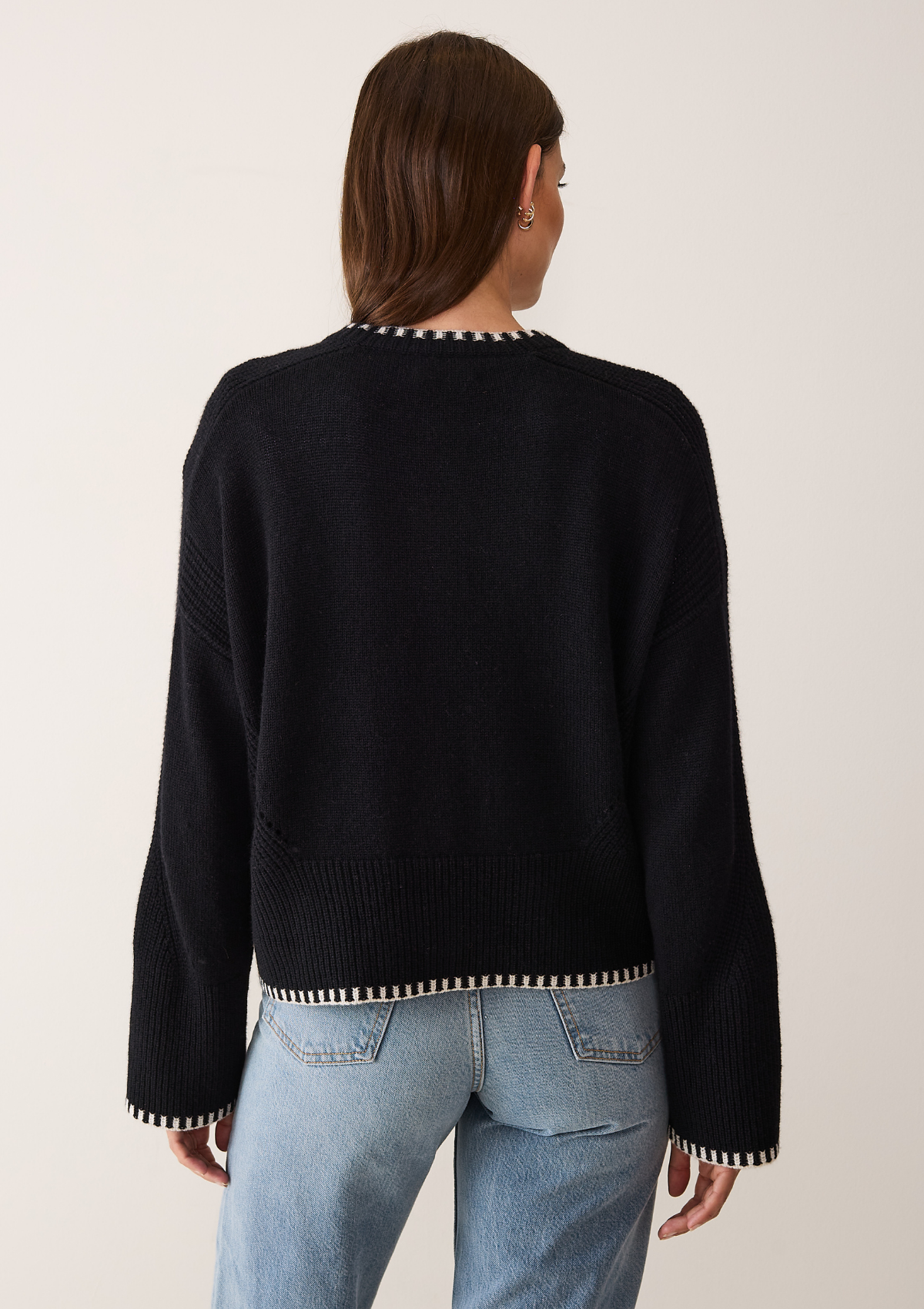 Cashmere Blanket Stitch Cardigan in  Jet Black