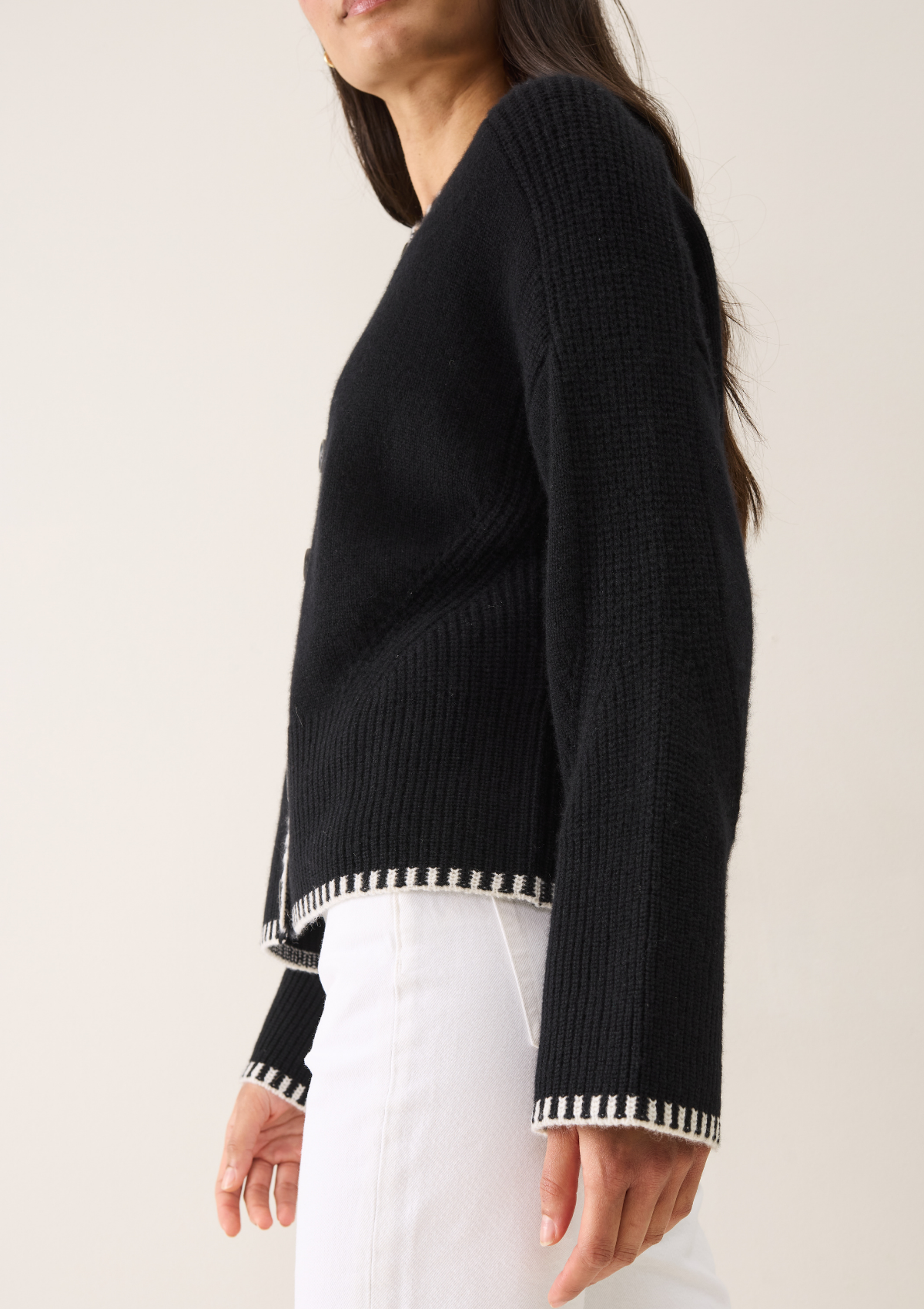 Cashmere Blanket Stitch Cardigan in  Jet Black