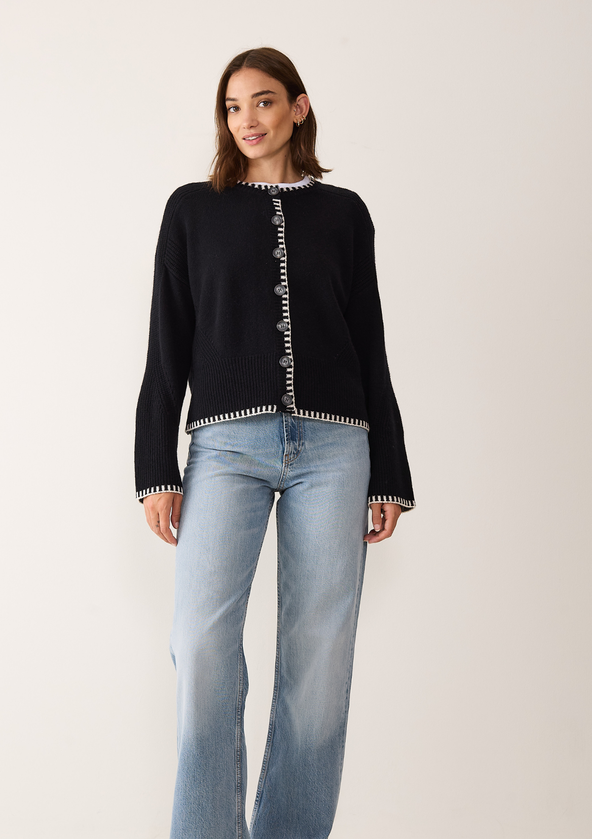 Cashmere Blanket Stitch Cardigan in  Jet Black