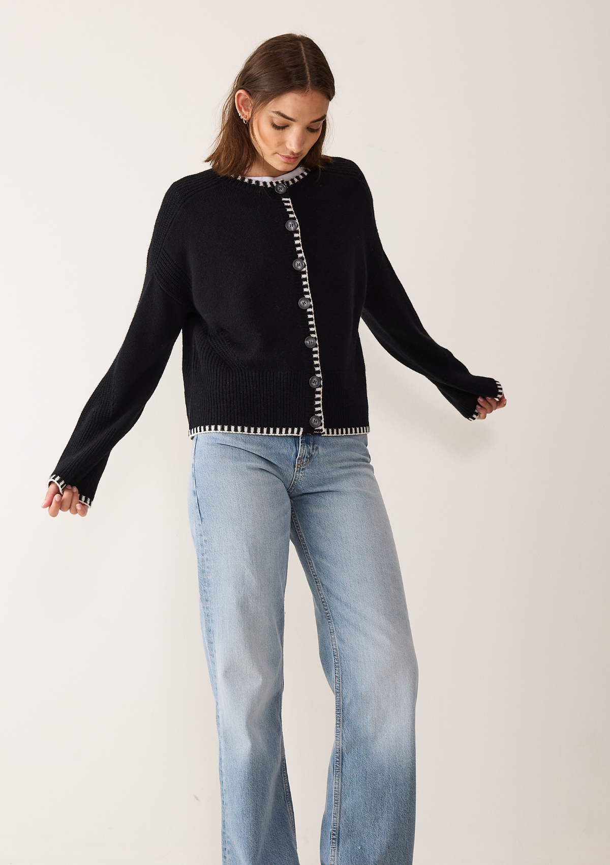 Cashmere Blanket Stitch Cardigan in  Jet Black