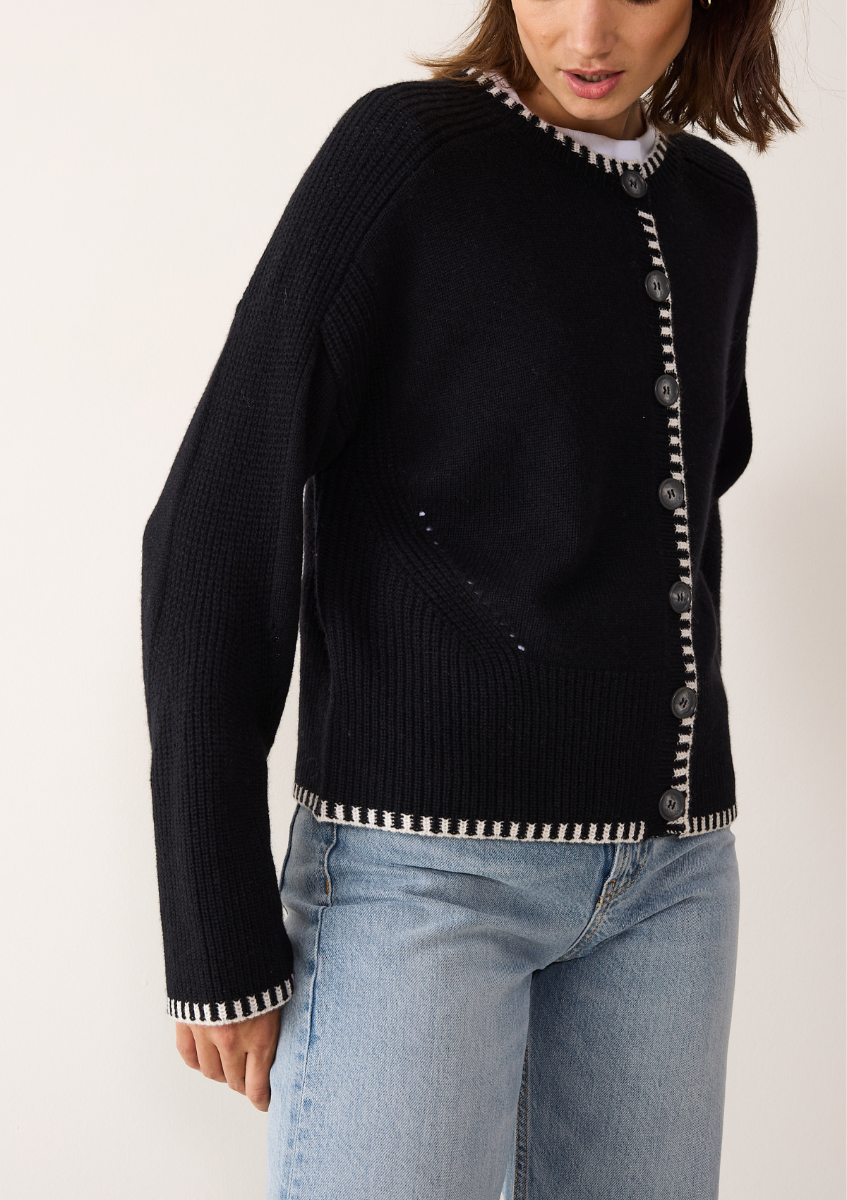 Cashmere Blanket Stitch Cardigan in  Jet Black