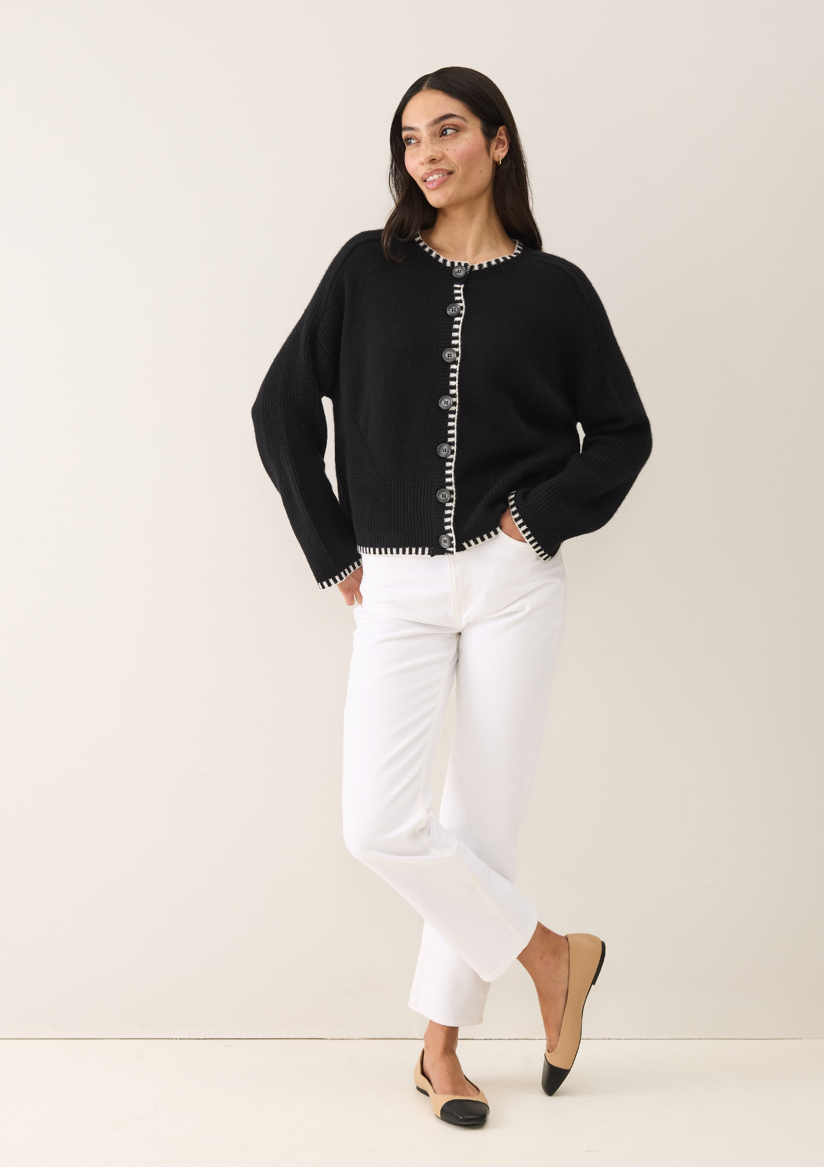 Cashmere Blanket Stitch Cardigan in  Jet Black