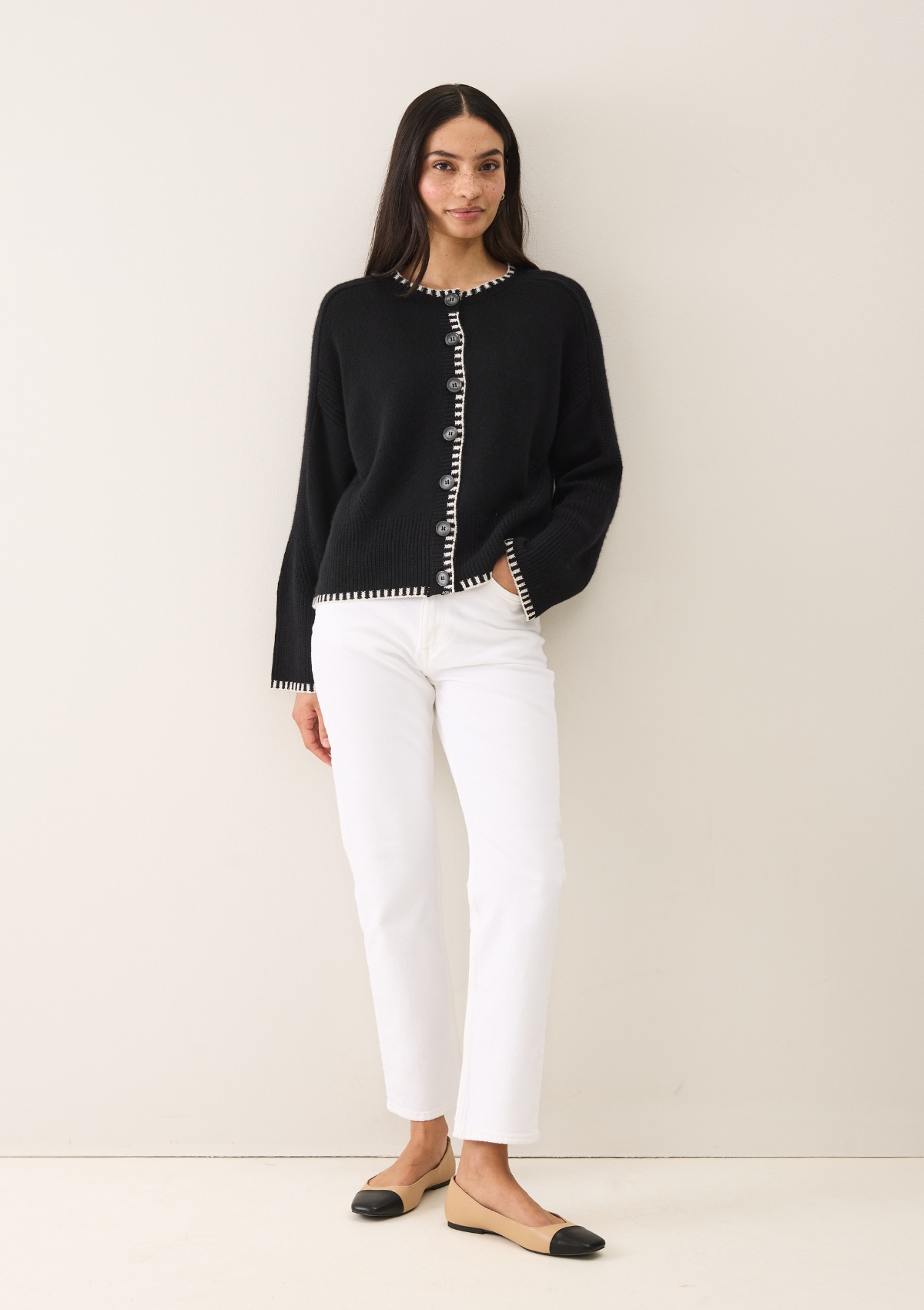 Cashmere Blanket Stitch Cardigan in  Jet Black