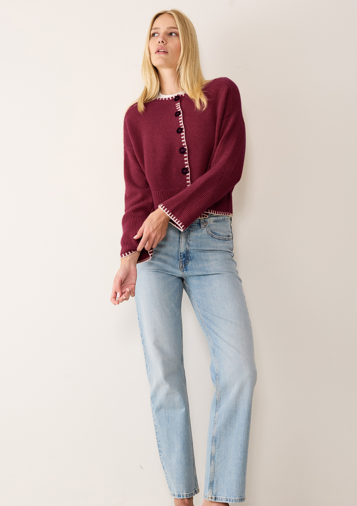 Cashmere Blanket Stitch Cardigan in Barolo Red