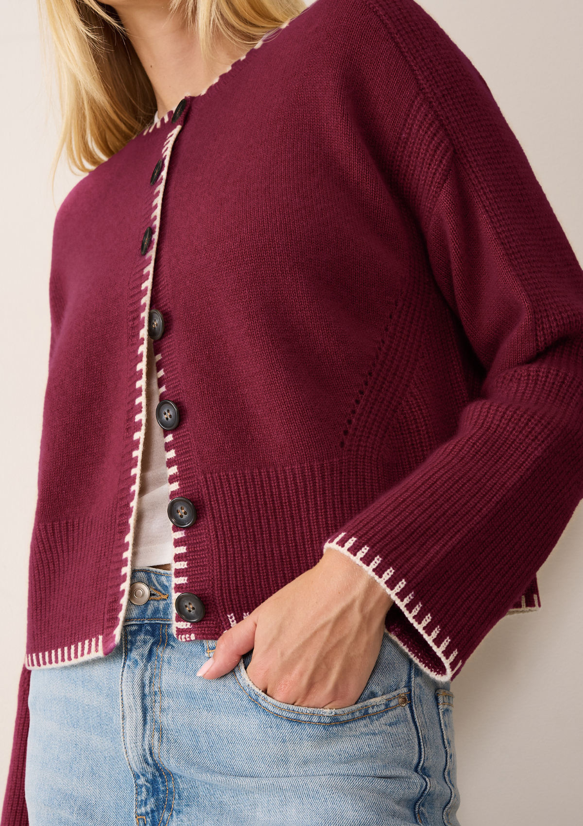 Cashmere Blanket Stitch Cardigan in Barolo Red