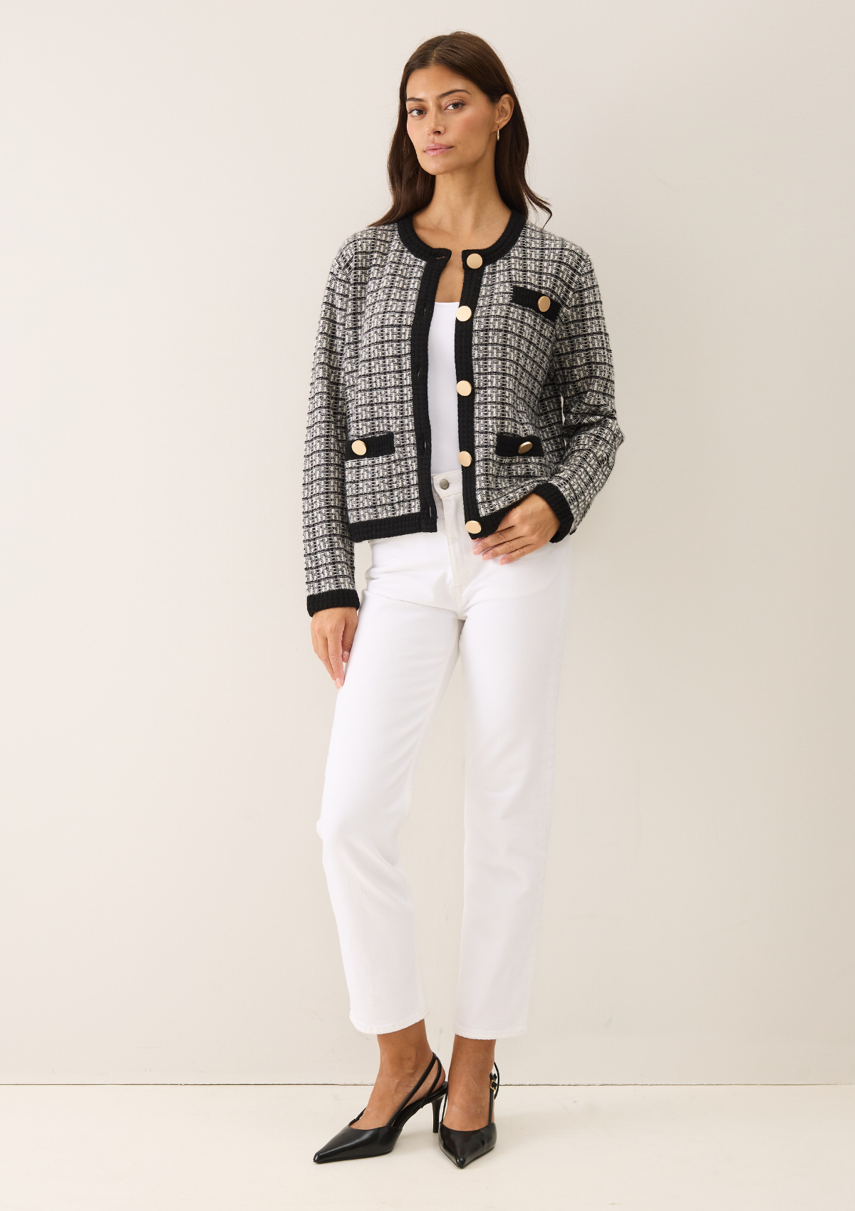 Textured Cashmere Crew Jacket in Black Check