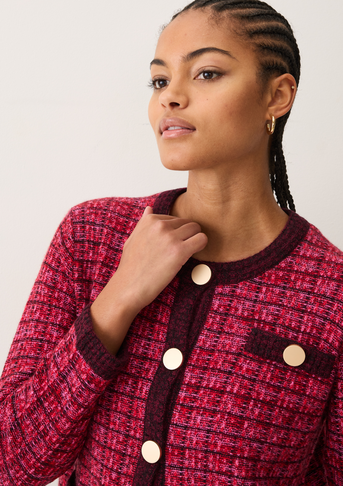 Textured Cashmere Crew Jacket in Pink Check