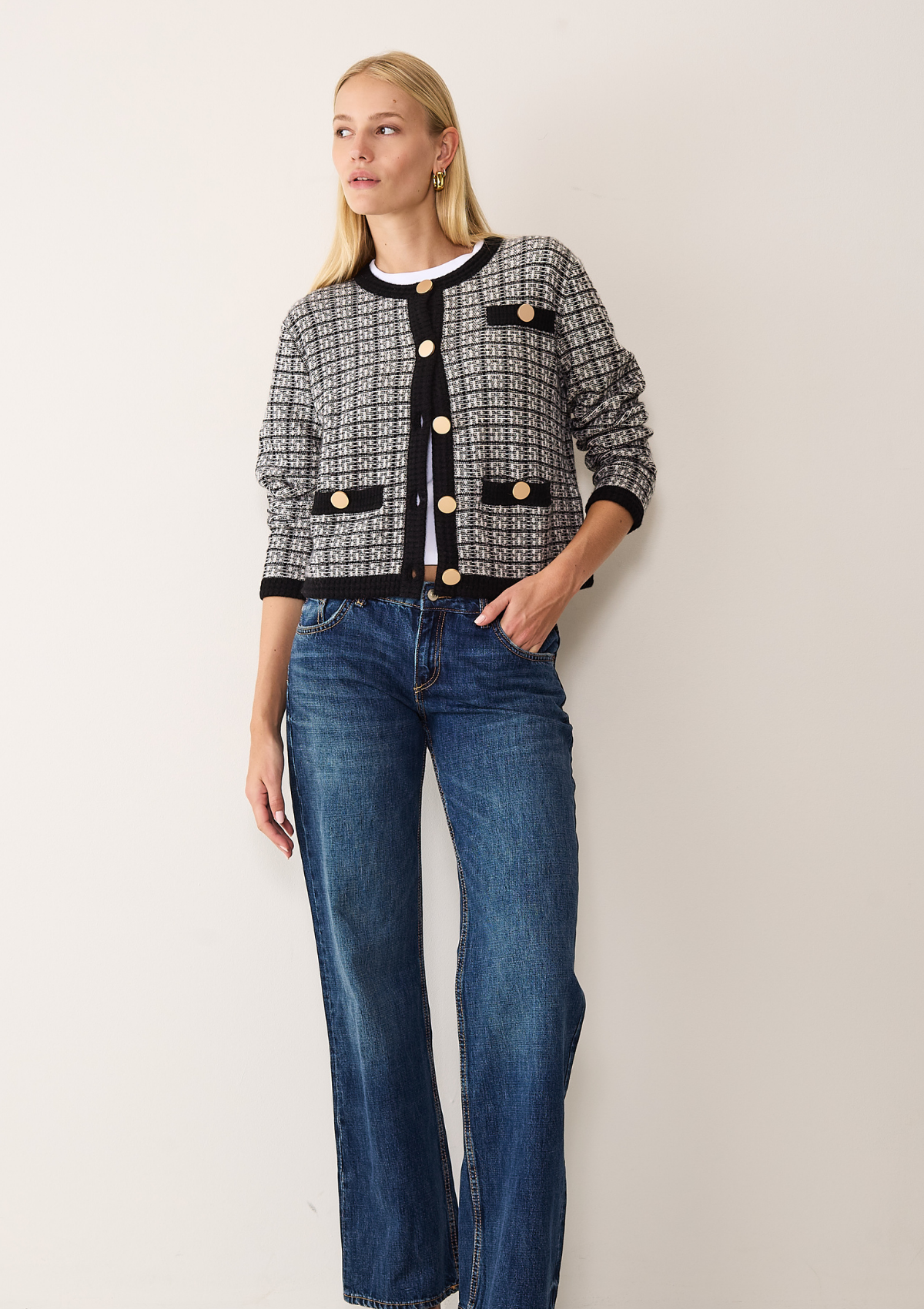Textured Cashmere Crew Jacket in Black Check