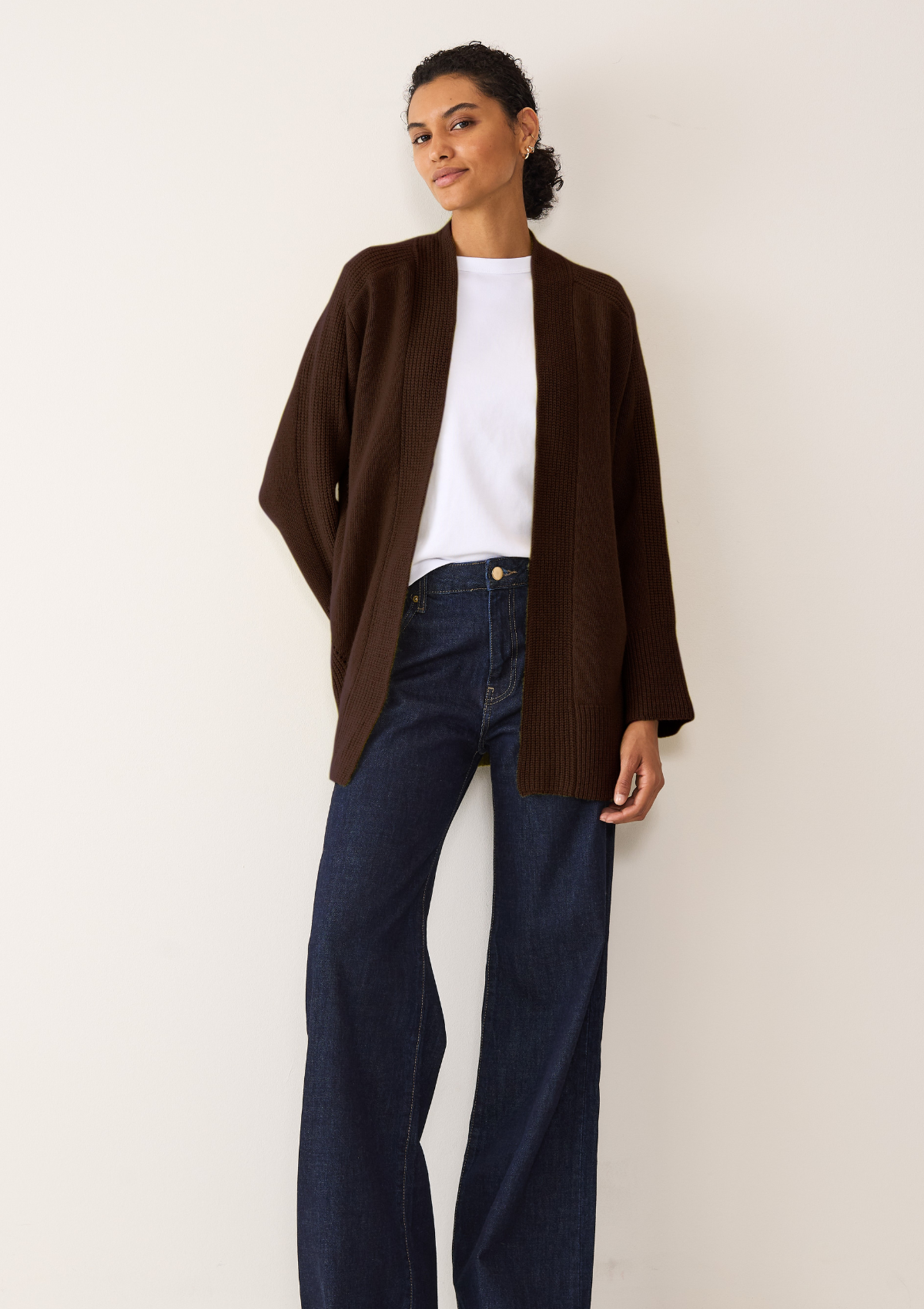 Ribbed Detail Edge to Edge Cardigan in Americano Brown