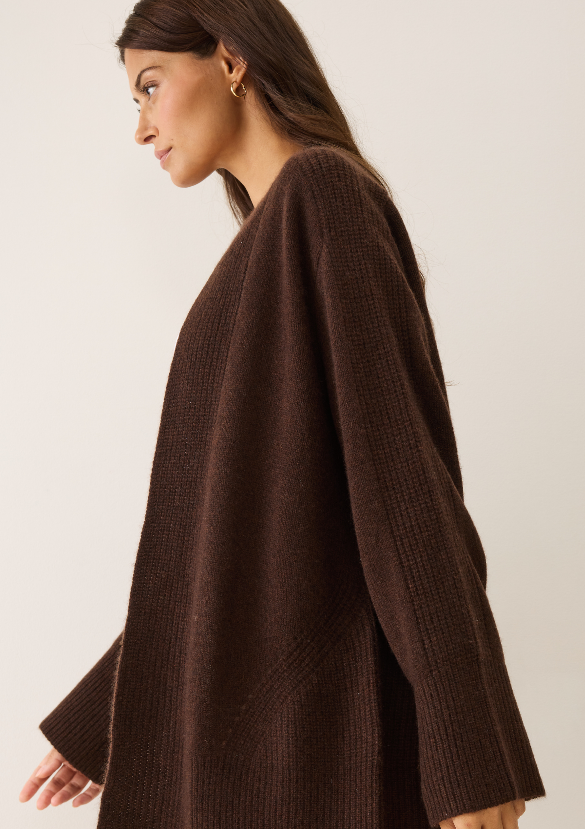 Ribbed Detail Edge to Edge Cardigan in Americano Brown