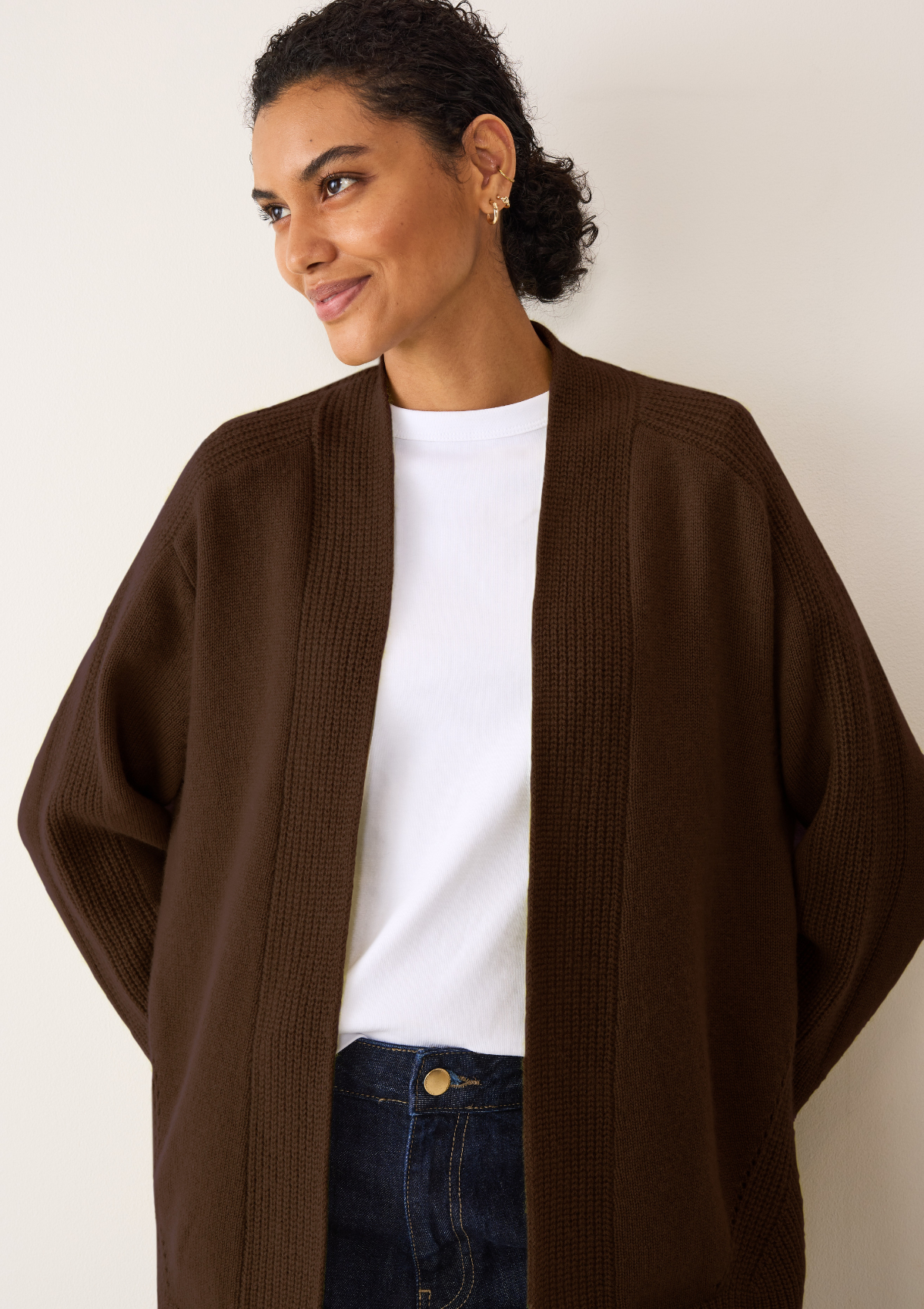 Ribbed Detail Edge to Edge Cardigan in Americano Brown