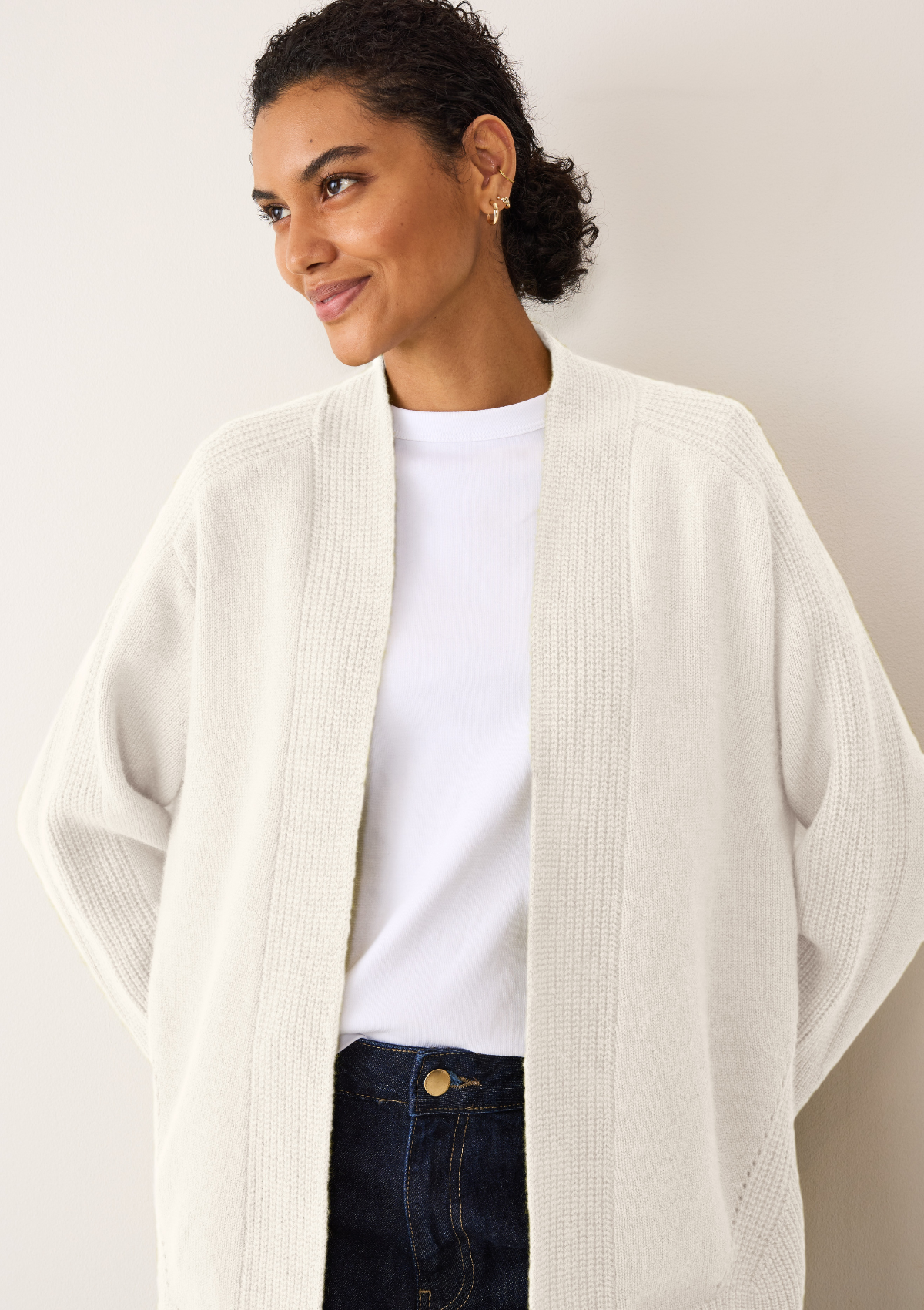 Ribbed Detail Edge to Edge Cardigan in Snow White