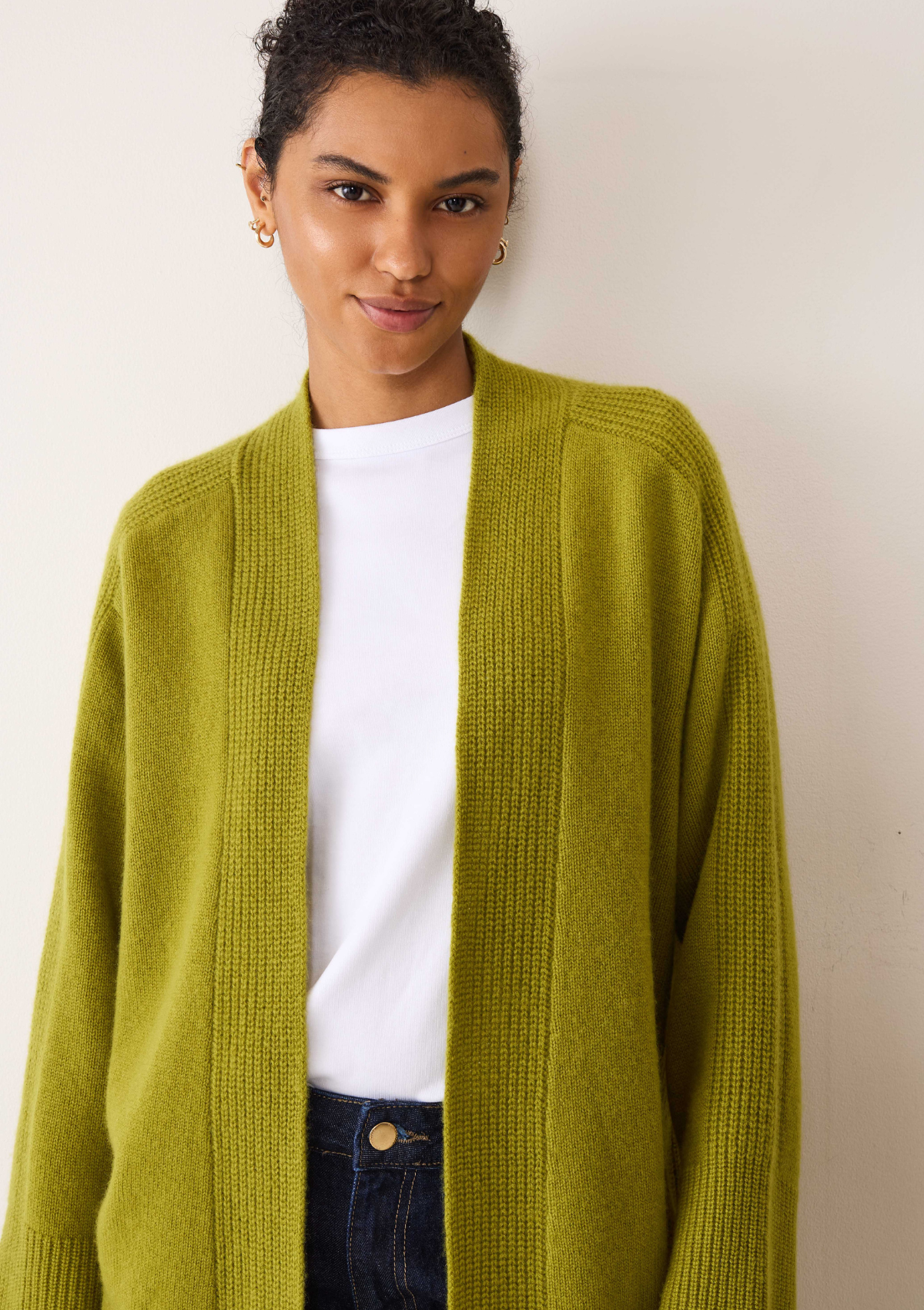 Ribbed Detail Edge to Edge Cardigan in Woodbine Green