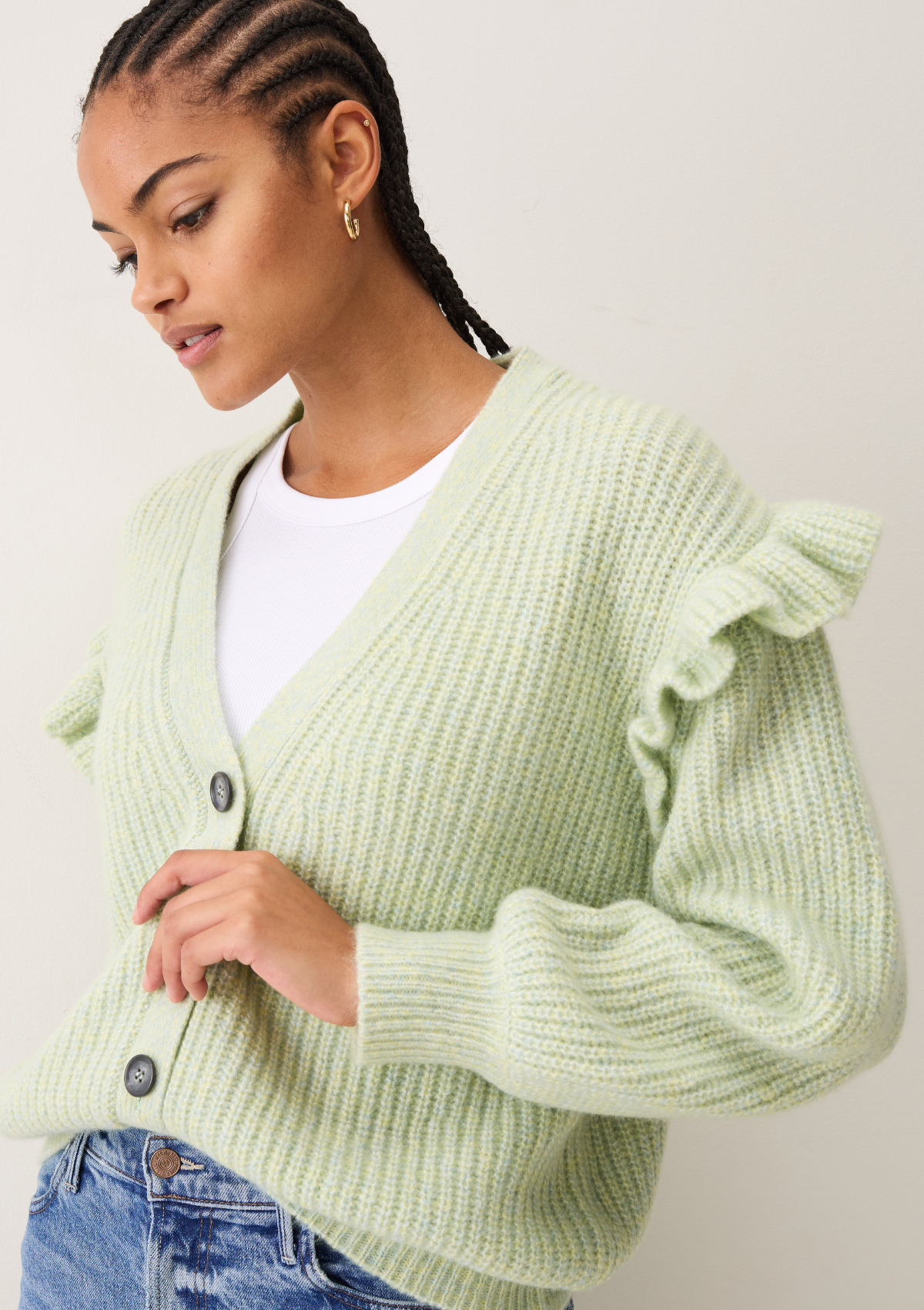 Silk & Cashmere Frilled Cardigan in Tannin Green