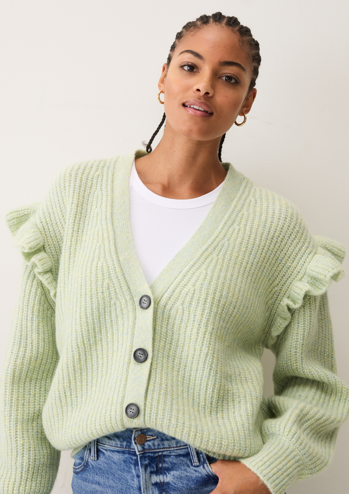 Silk & Cashmere Frilled Cardigan in Tannin Green