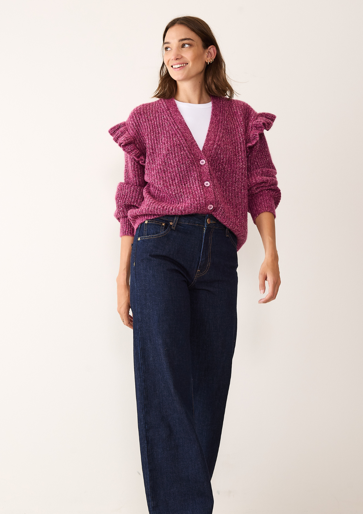 Silk & Cashmere Frilled Cardigan in Carlita Pink