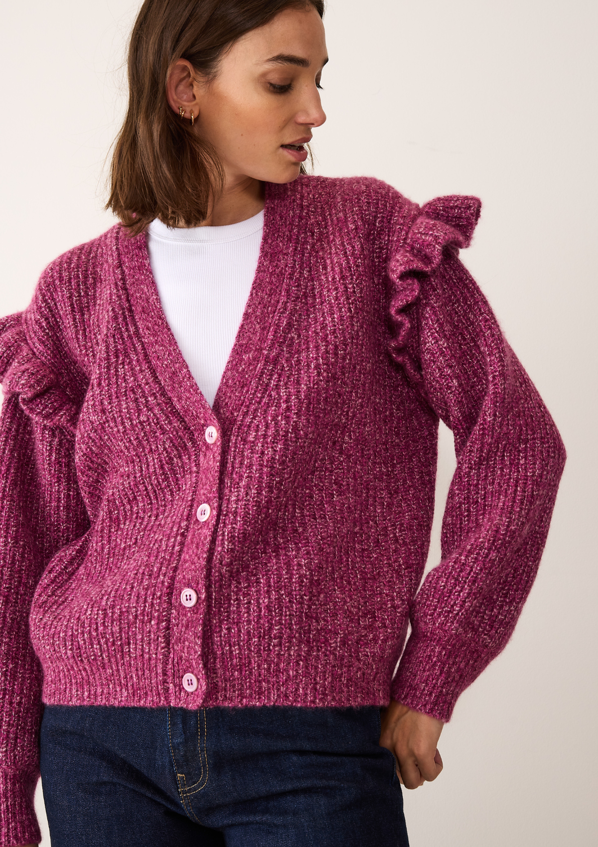 Silk & Cashmere Frilled Cardigan in Carlita Pink