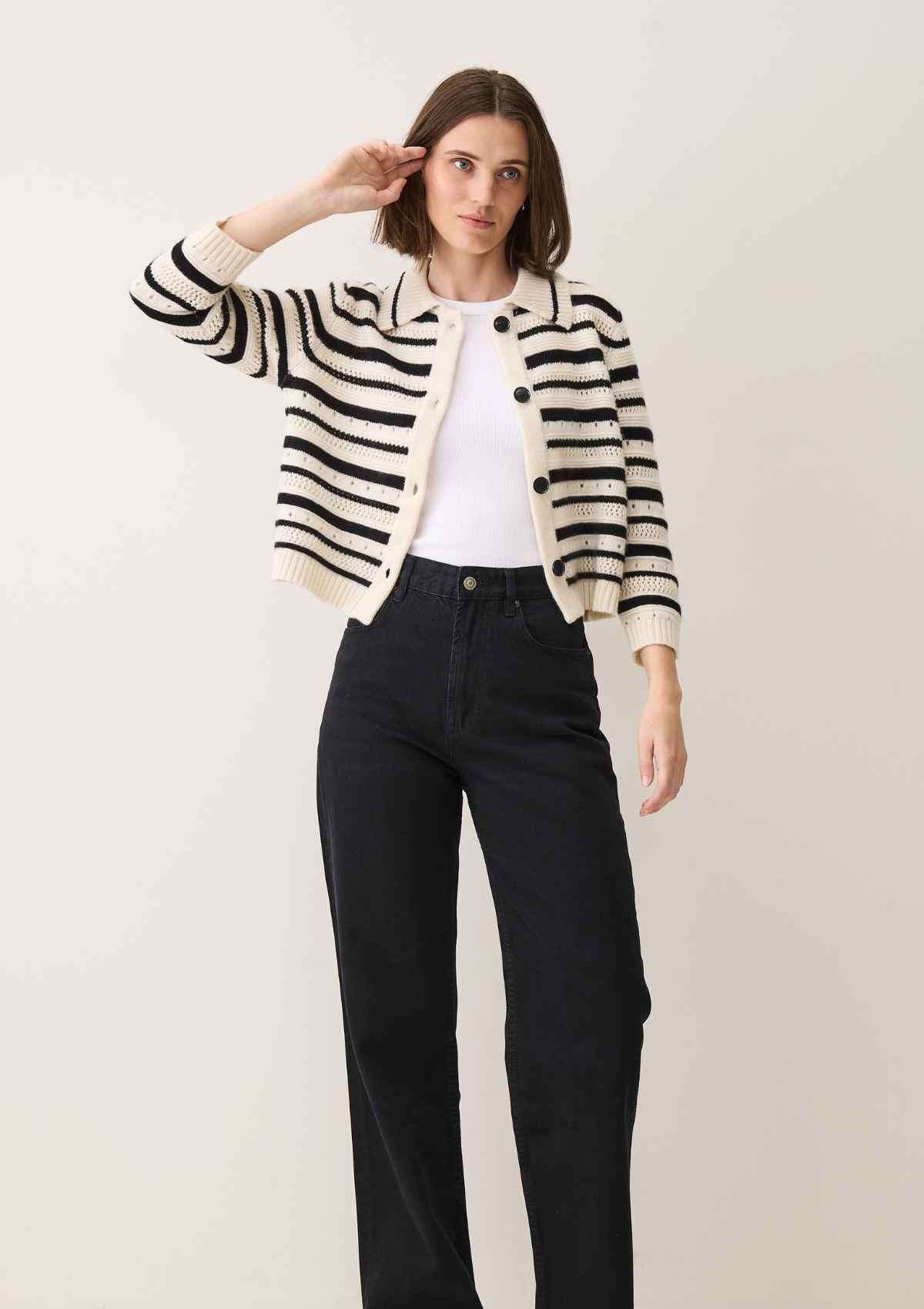 Cashmere Pointelle Jacket in Chalk/Black Stripes