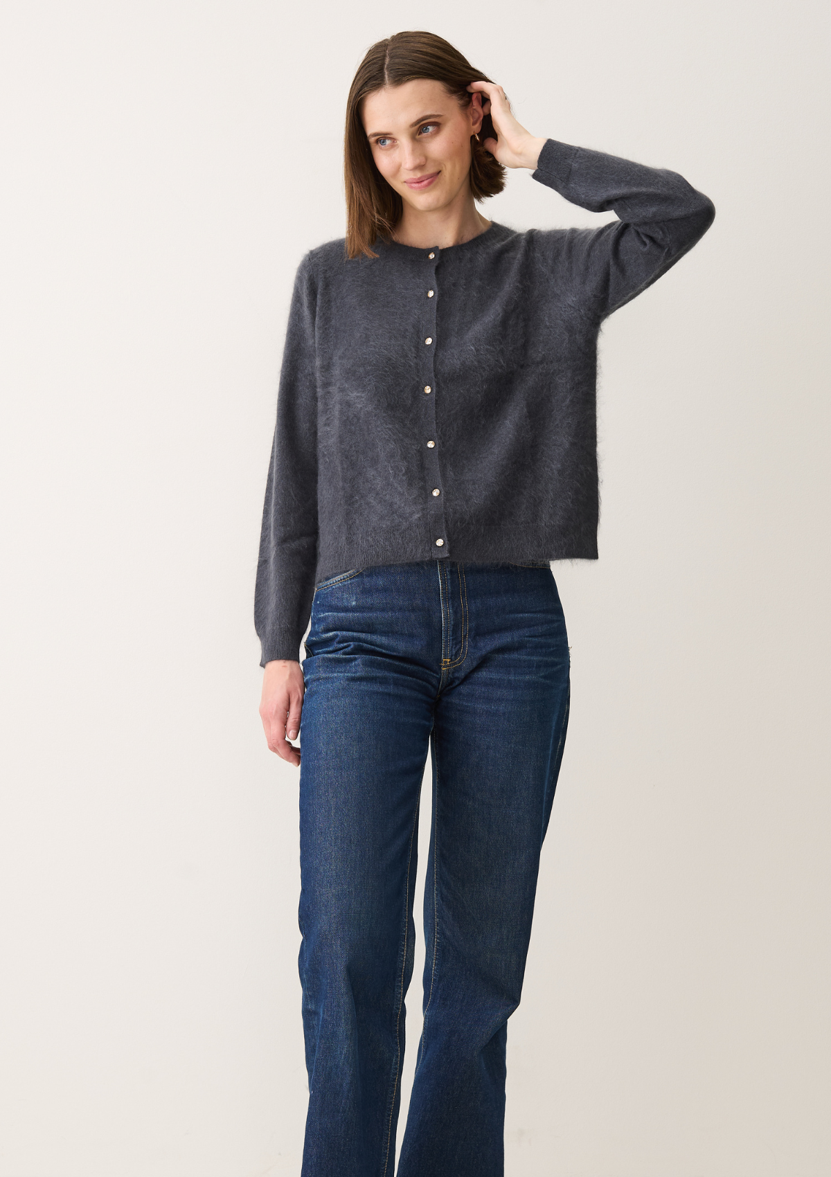Brushed Cashmere Cardigan with Jewelled Buttons in Universe Grey