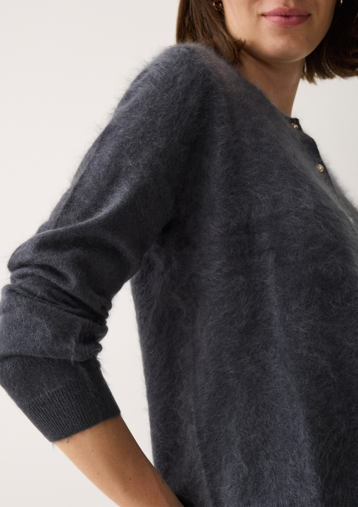 Brushed Cashmere Cardigan with Jewelled Buttons in Universe Grey