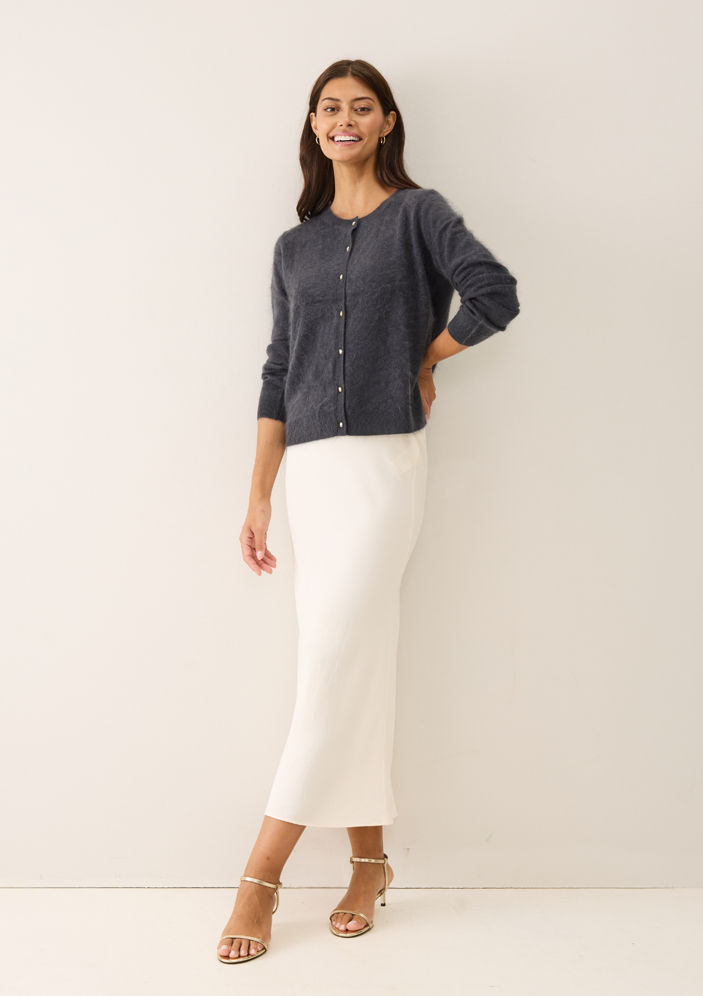 Brushed Cashmere Cardigan with Jewelled Buttons in Universe Grey