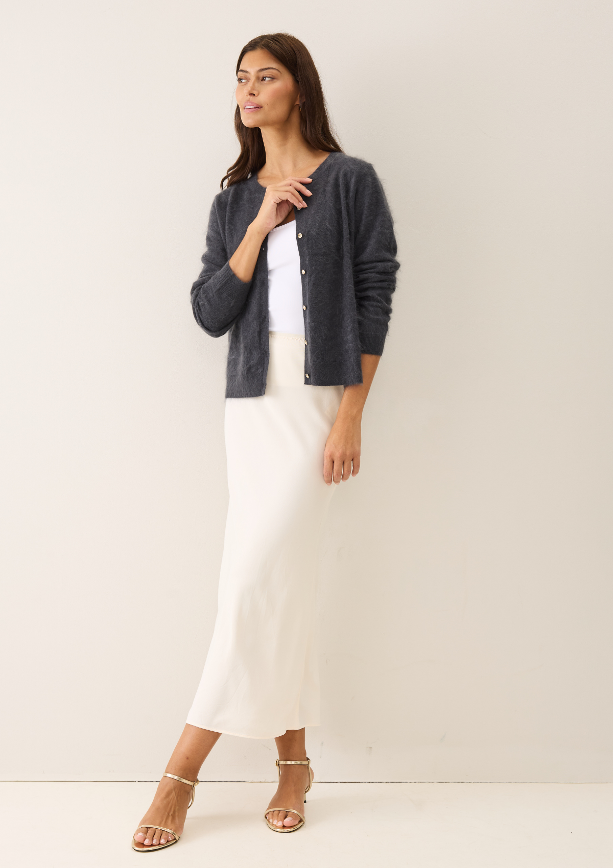 Brushed Cashmere Cardigan with Jewelled Buttons in Universe Grey