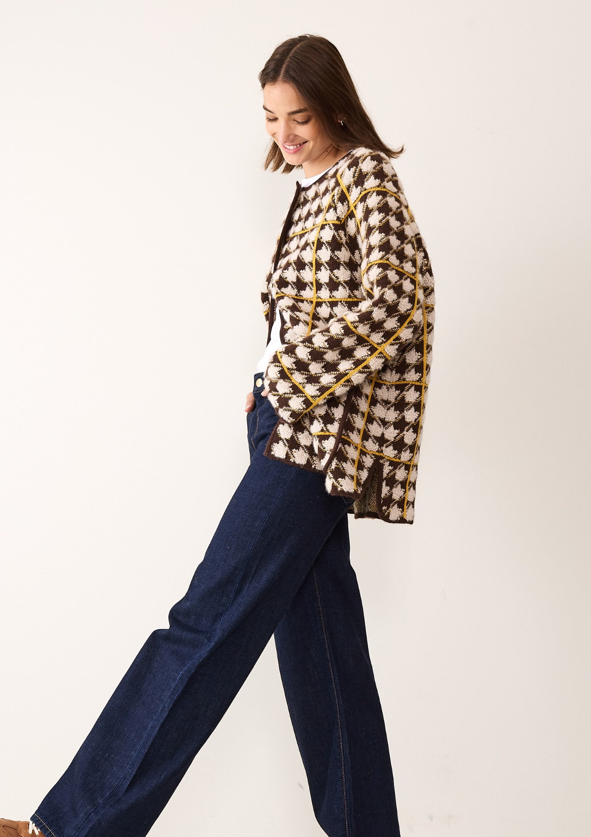 Dogtooth Checked Coat in Melon Yellow & Americano Brown