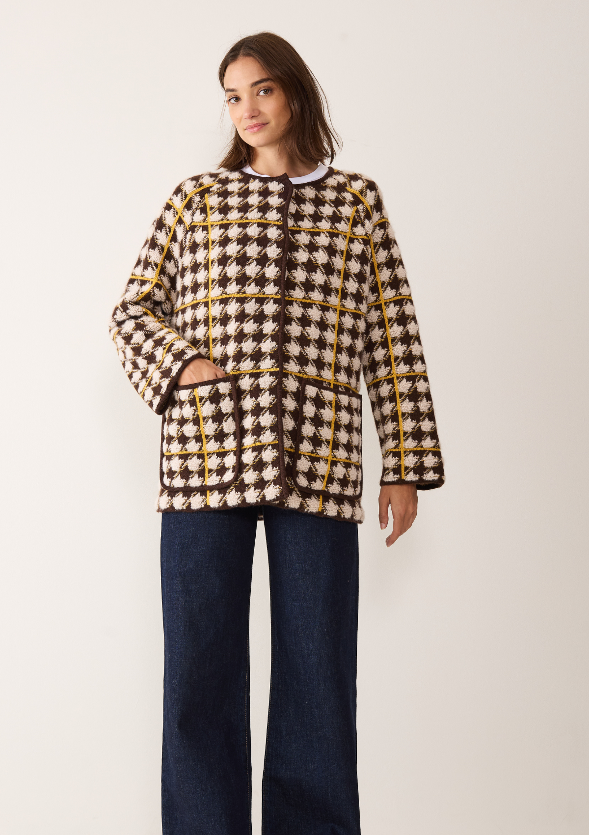 Dogtooth Checked Coat in Melon Yellow & Americano Brown