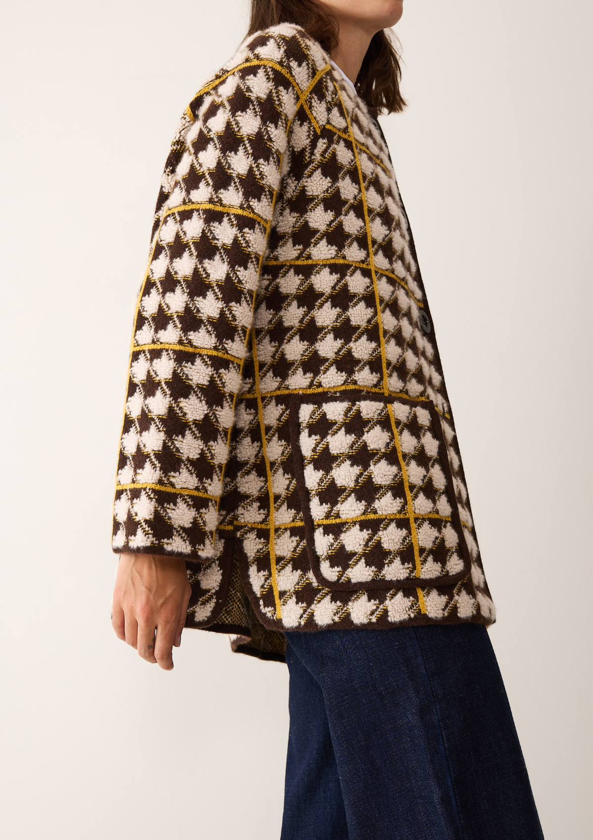 Dogtooth Checked Coat in Melon Yellow & Americano Brown