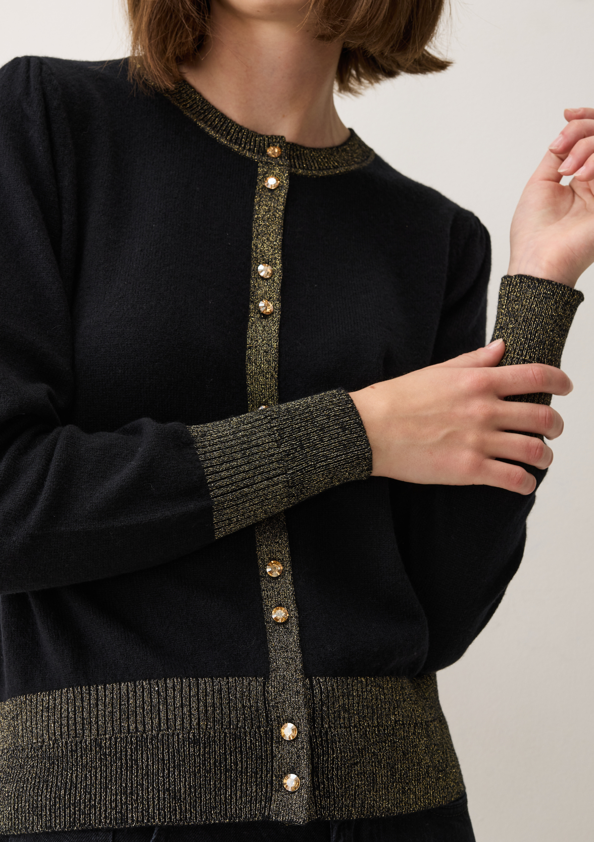 Cardigan in Black & Gold With Gold Glass Buttons