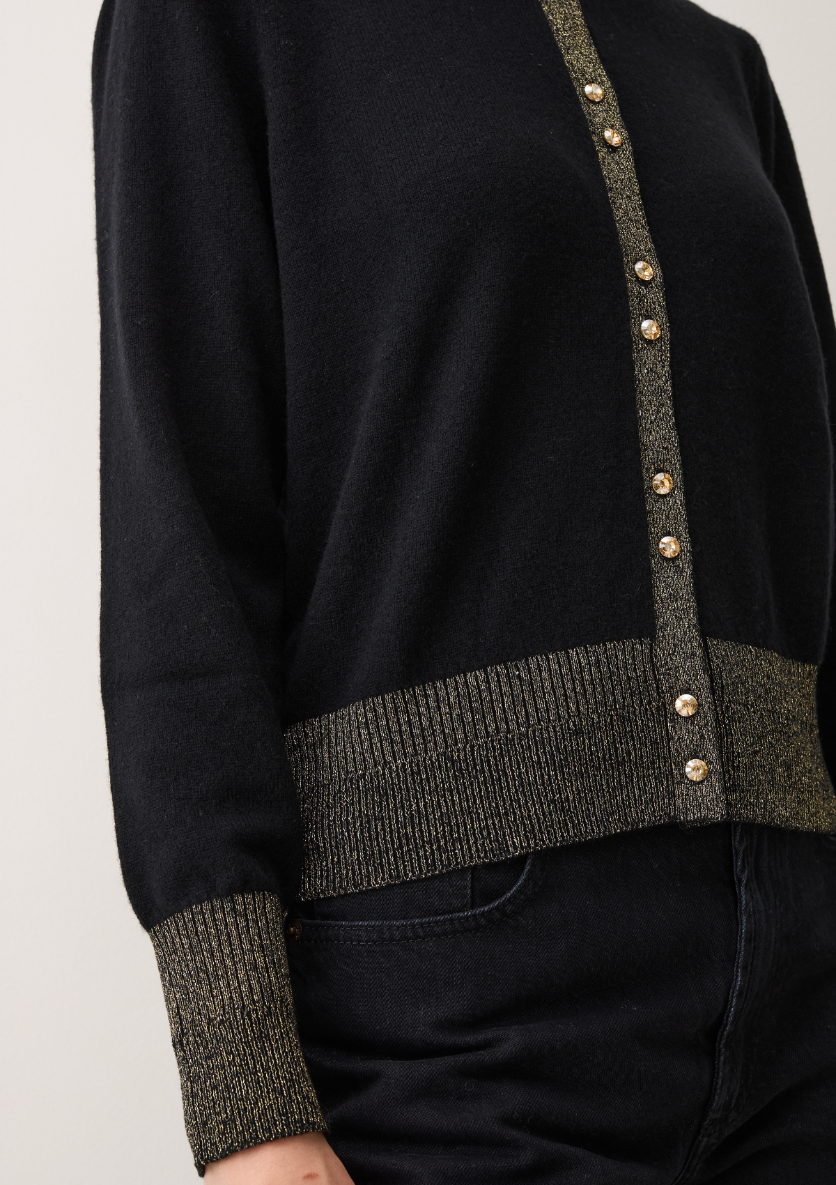 Cardigan in Black & Gold With Gold Glass Buttons