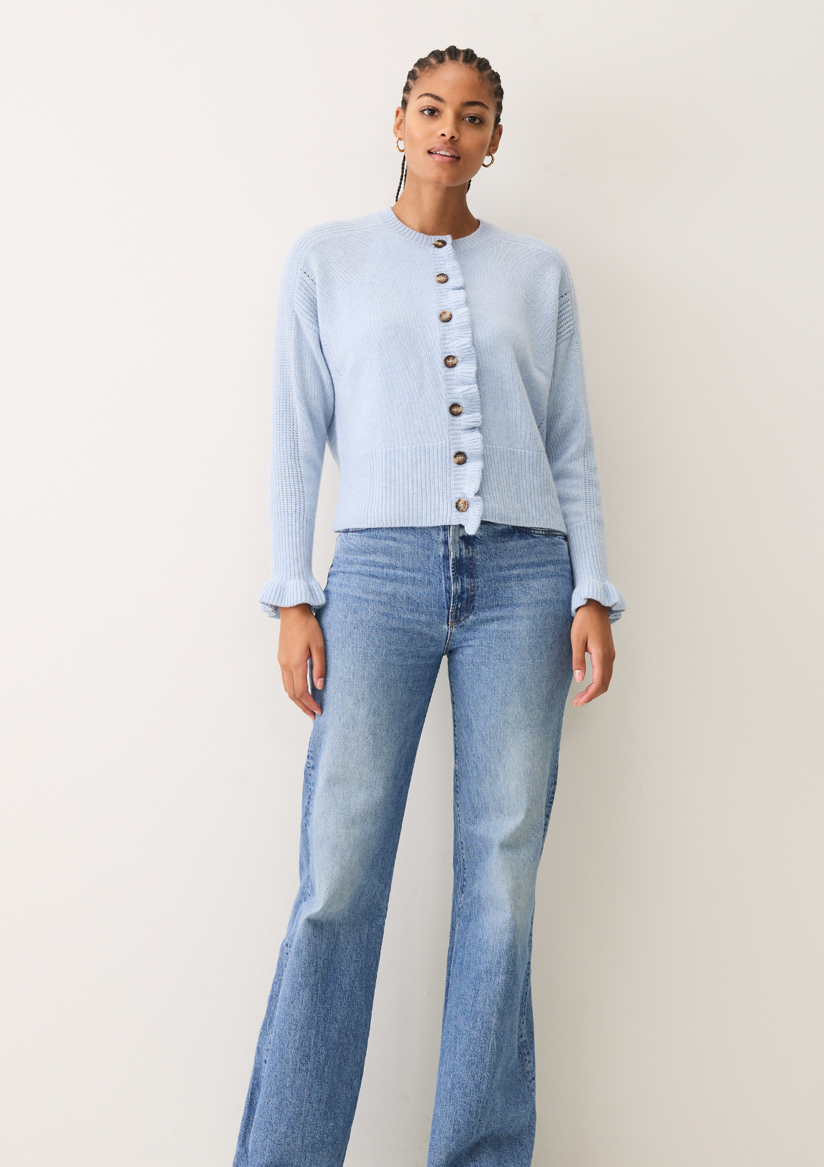 Frill Front Cardigan in Skyway Blue