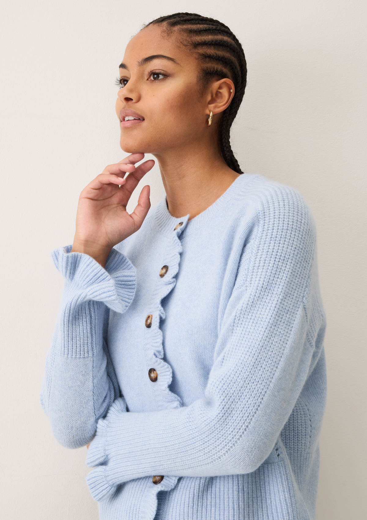 Frill Front Cardigan in Skyway Blue
