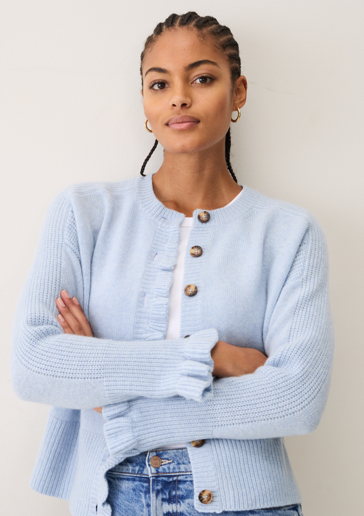 Frill Front Cardigan in Skyway Blue