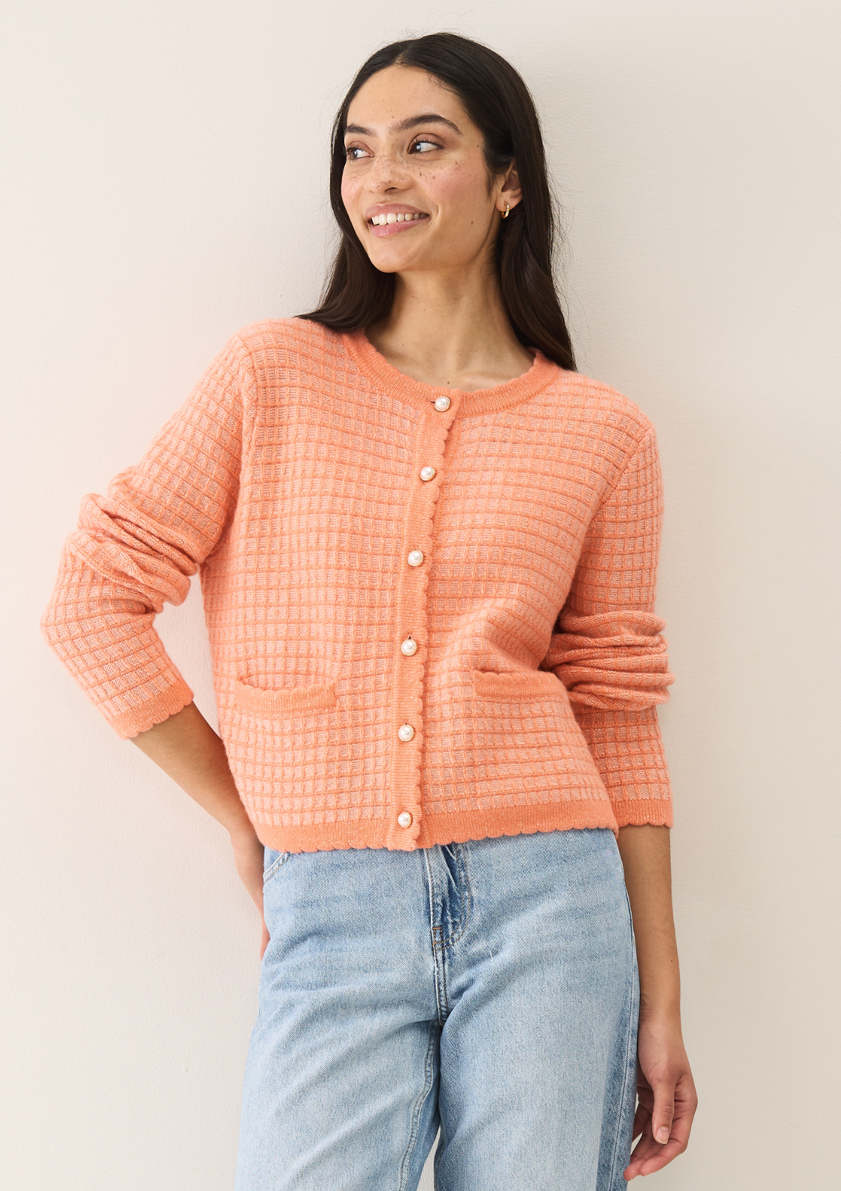 Crew Neck Cardigan in Devoted Peach