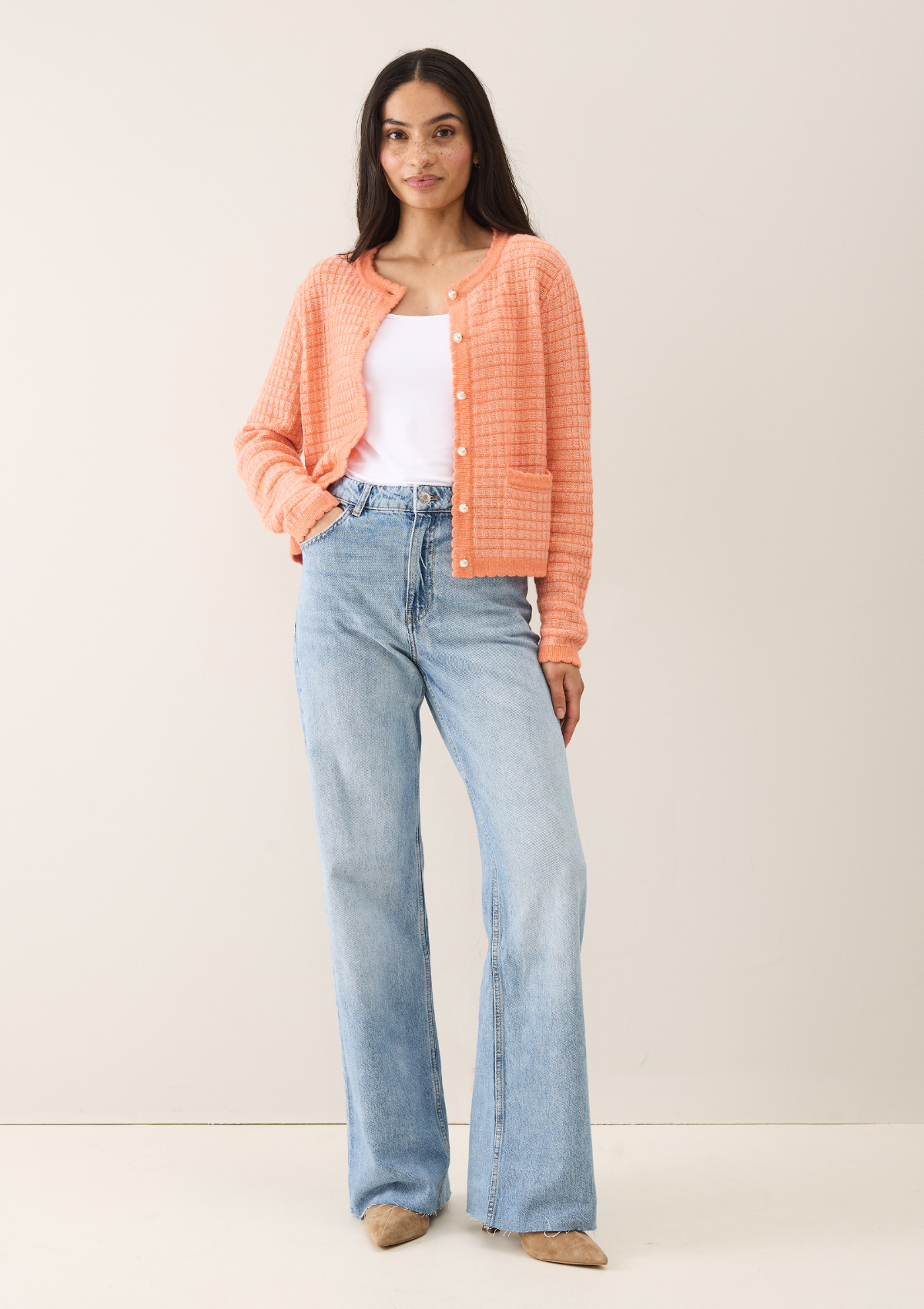 Crew Neck Cardigan in Devoted Peach
