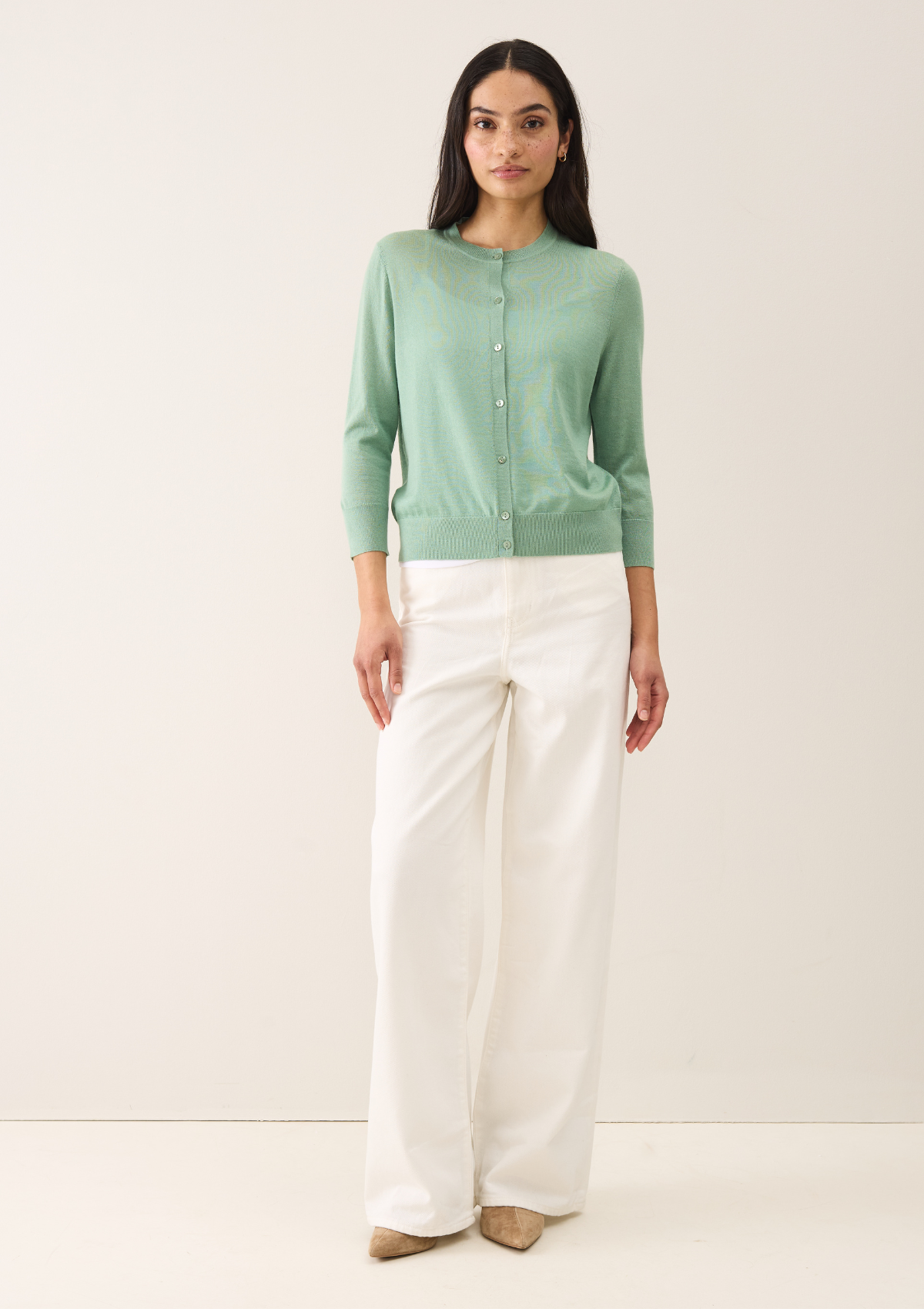 3/4 Sleeve Crew Neck Cardigan in Damsonfly Green