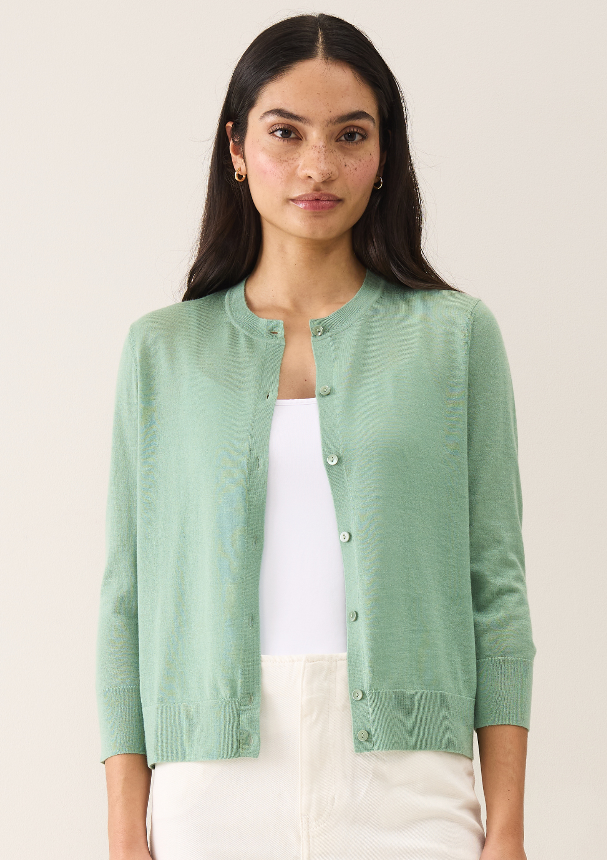 3/4 Sleeve Crew Neck Cardigan in Damsonfly Green