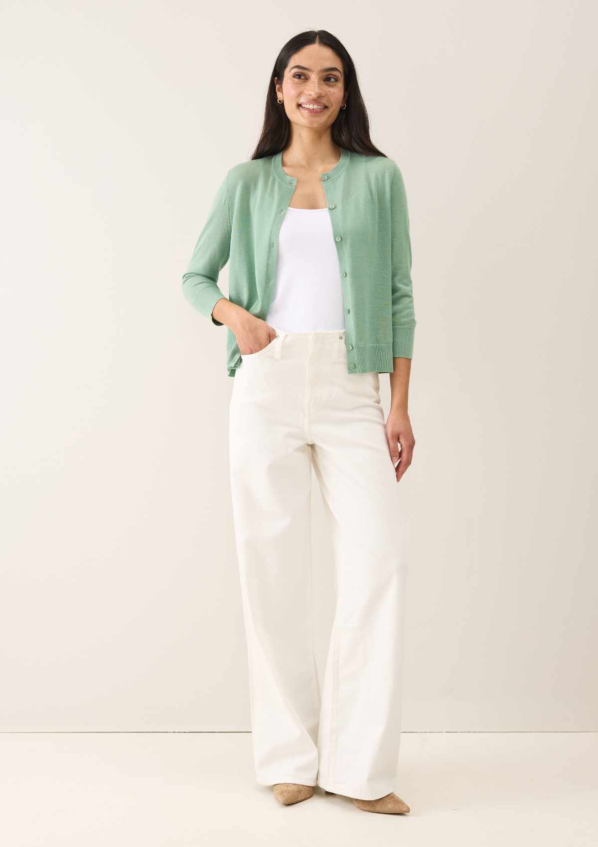 3/4 Sleeve Crew Neck Cardigan in Damsonfly Green