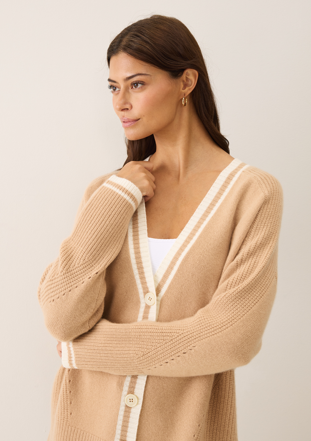 Loop Cashmere Striped V Neck Lofty Cardigan in Honey