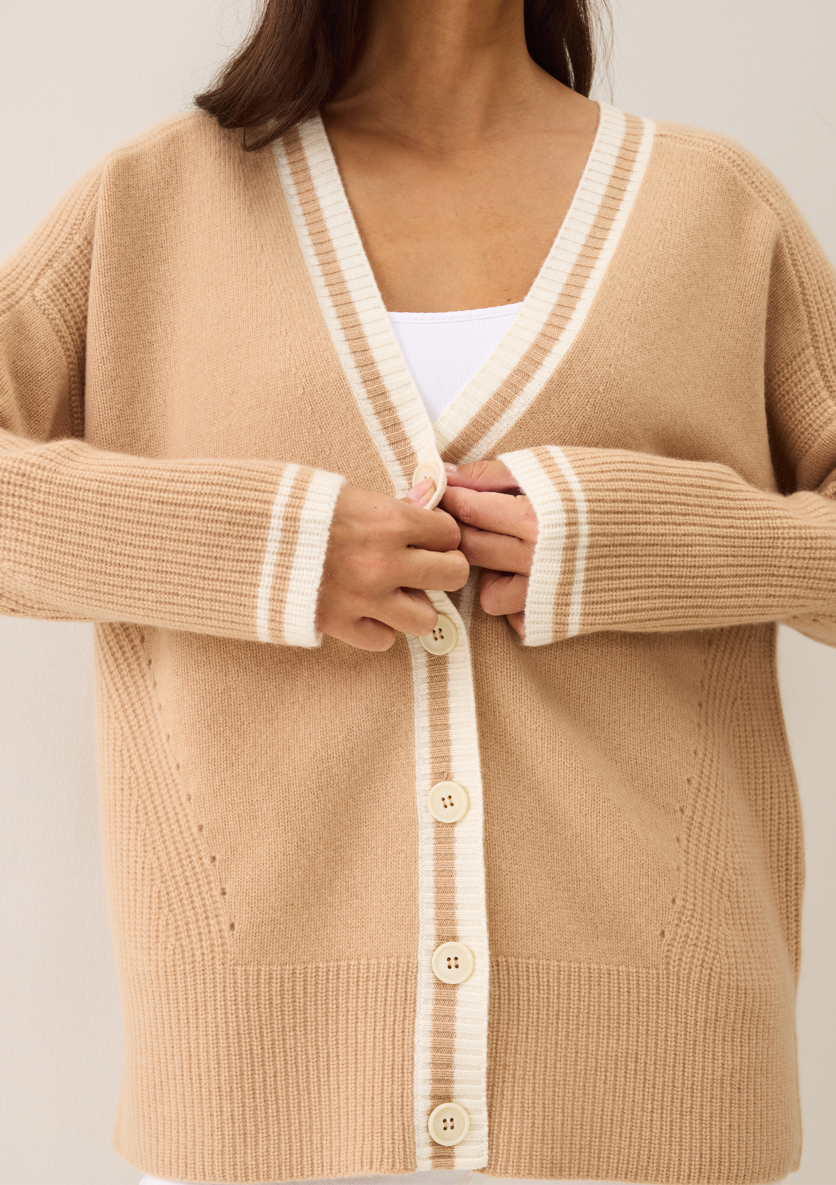 Striped Tipped V Neck Lofty Cardigan in Honey
